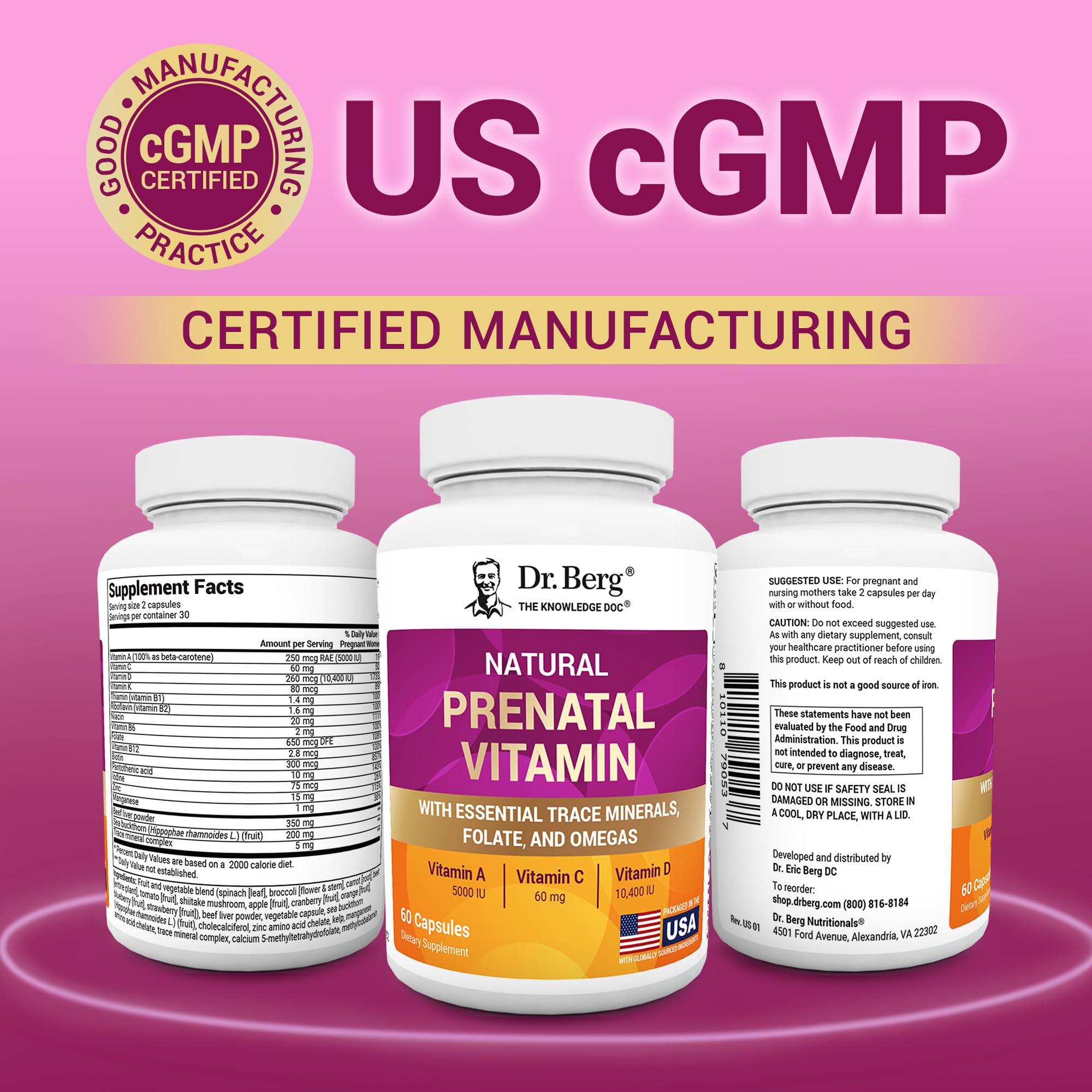 Dr. Berg Prenatal ingredient blend including folate and omegas.