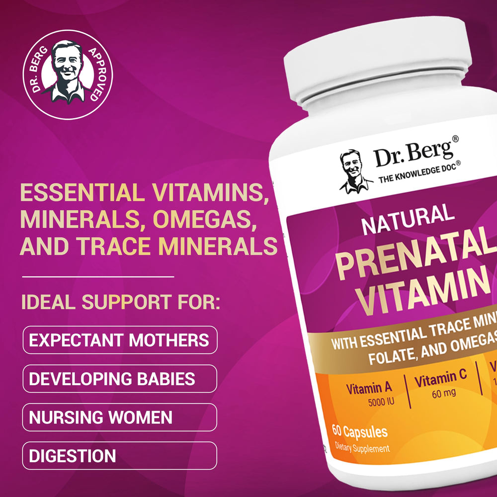 Dr. Berg Prenatal label view highlighting key nutrients and omegas.
