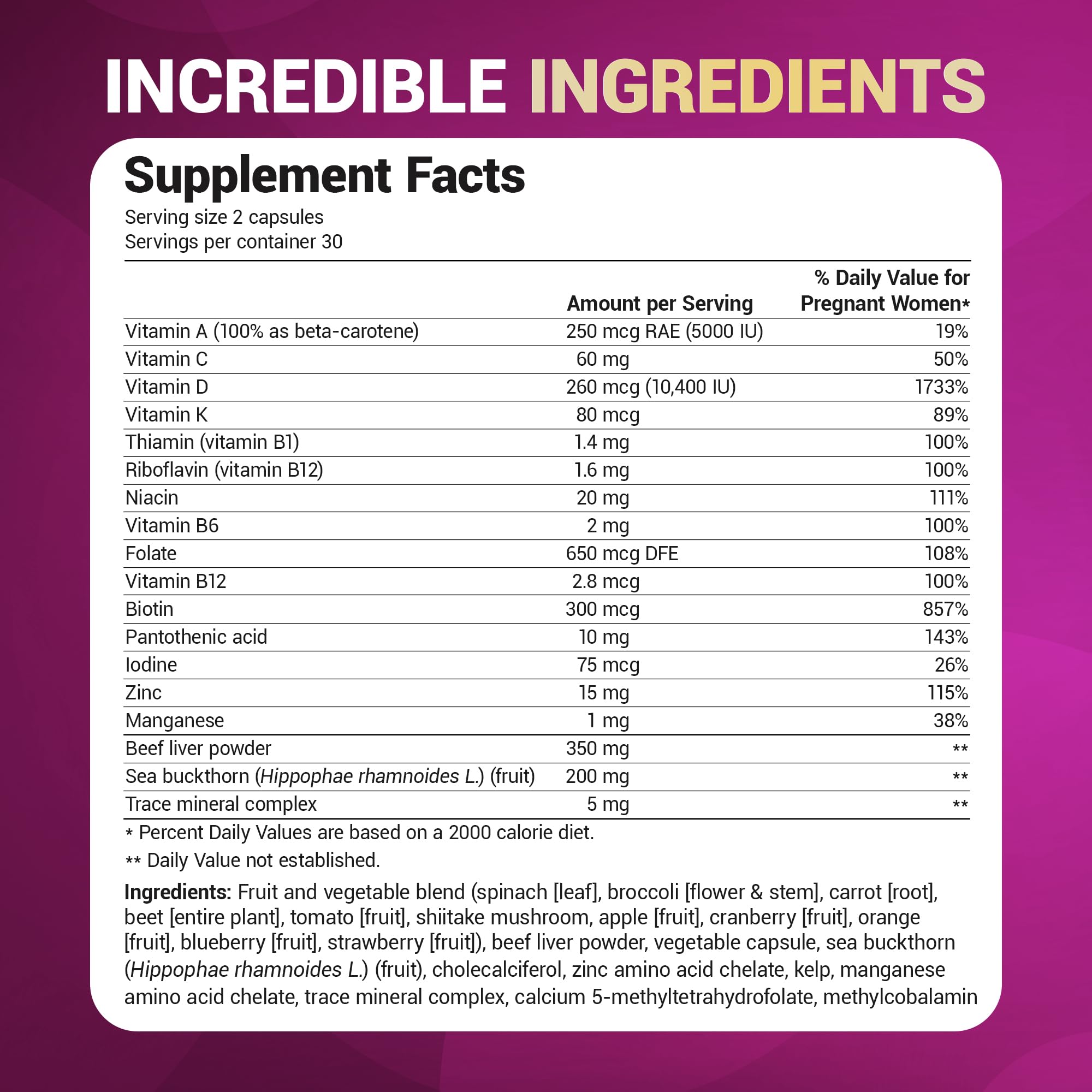 Nutrition chart shows vitamins and minerals in Dr. Berg Prenatal.