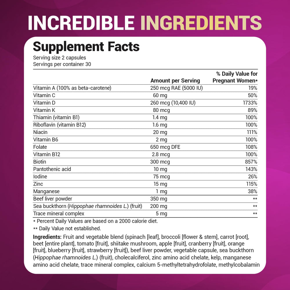 Nutrition chart shows vitamins and minerals in Dr. Berg Prenatal.