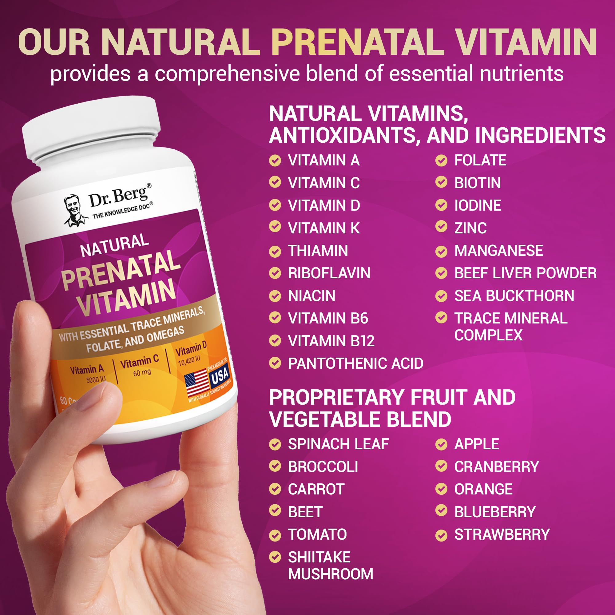 Omega softgels visible in Dr. Berg Prenatal bottle.
