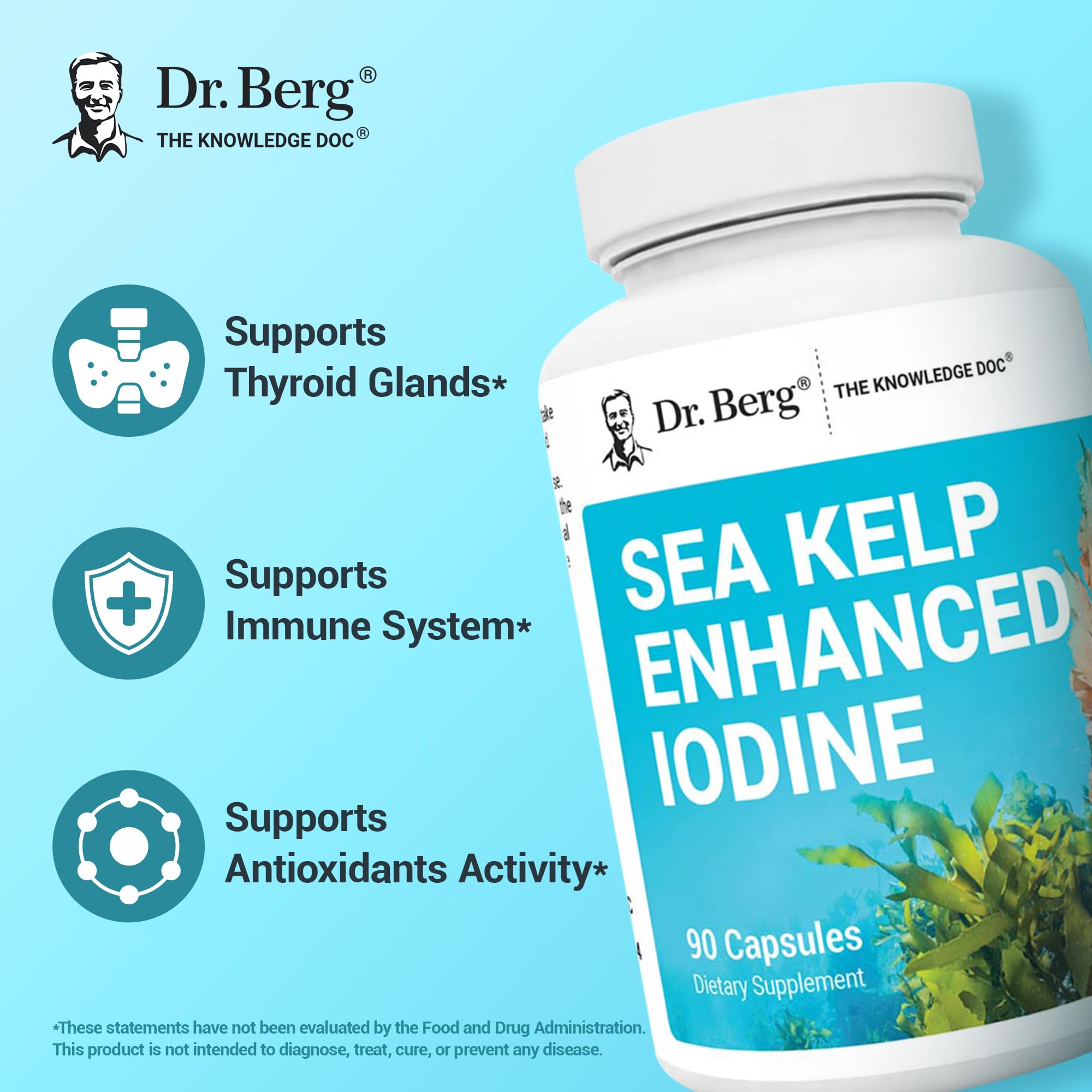 Dr. Berg Sea Kelp ingredients page shows 135 mg algae blend and 200 mcg iodine.