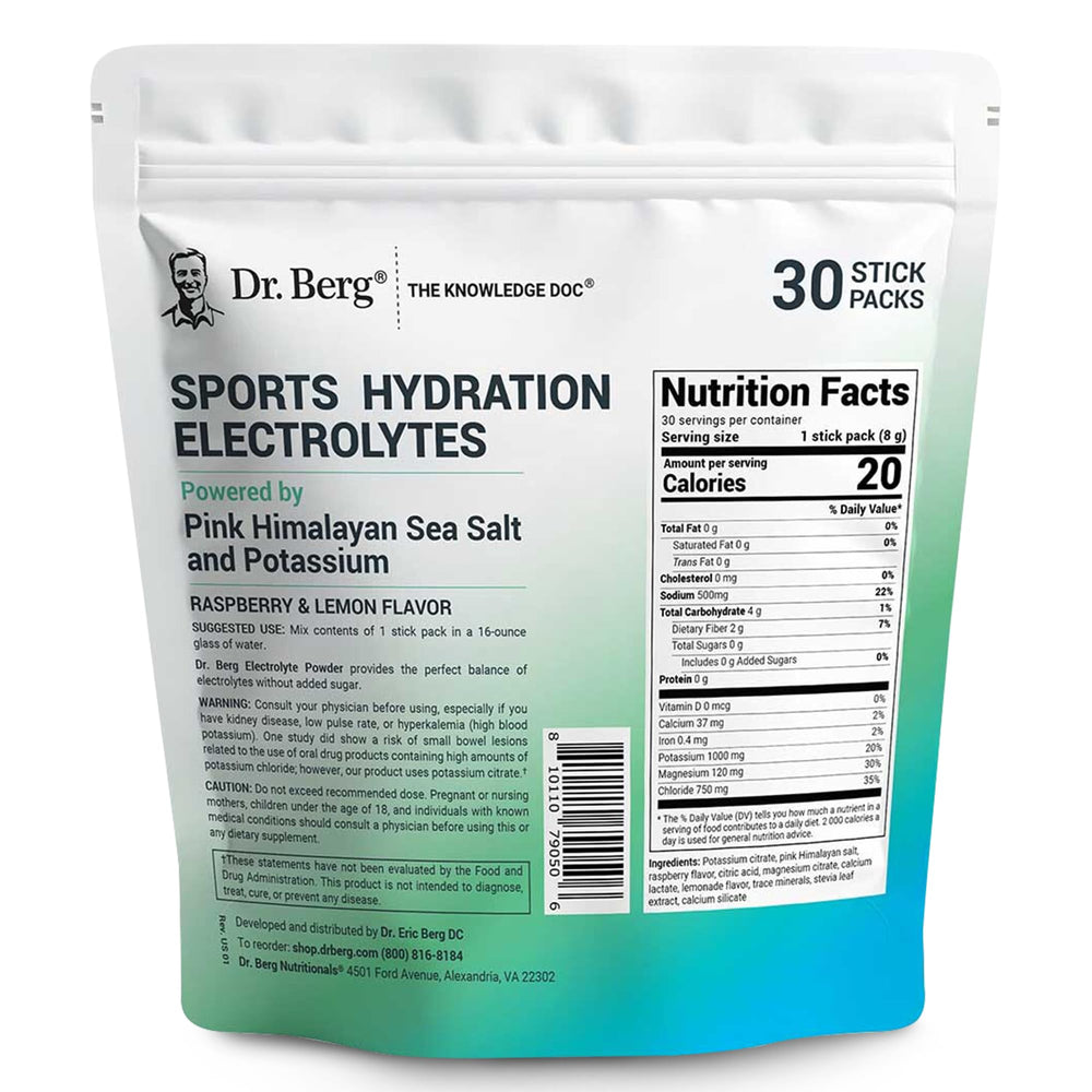Dr. Berg single packet close up highlights convenient daily electrolyte option.