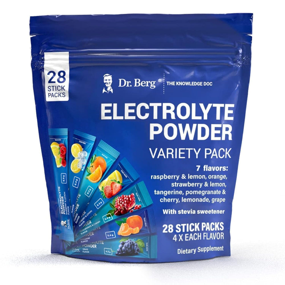Dr. Berg Sugar-Free Electrolyte Packets with multiple flavors for keto-friendly hydration.