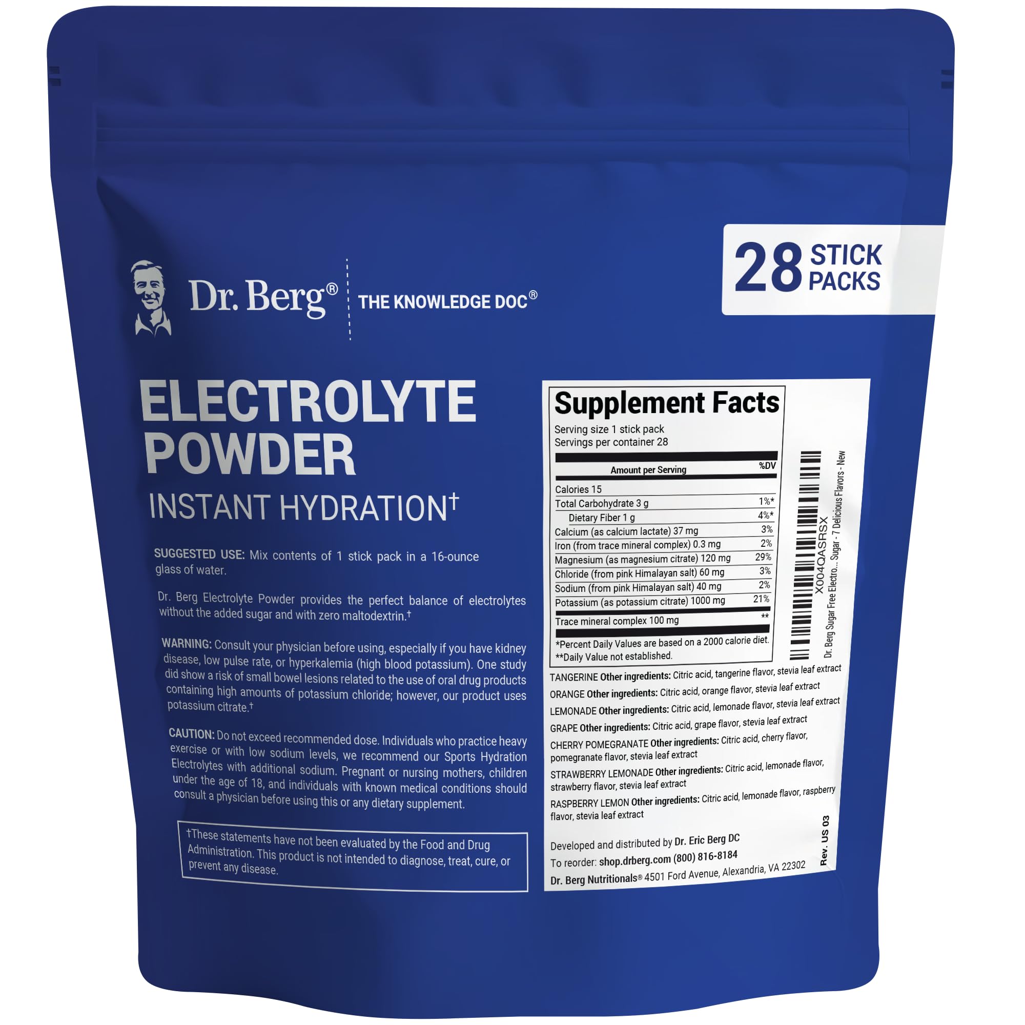 Dr. Berg Sugar-Free Electrolyte Powder Packets dissolving in water for fast hydration.