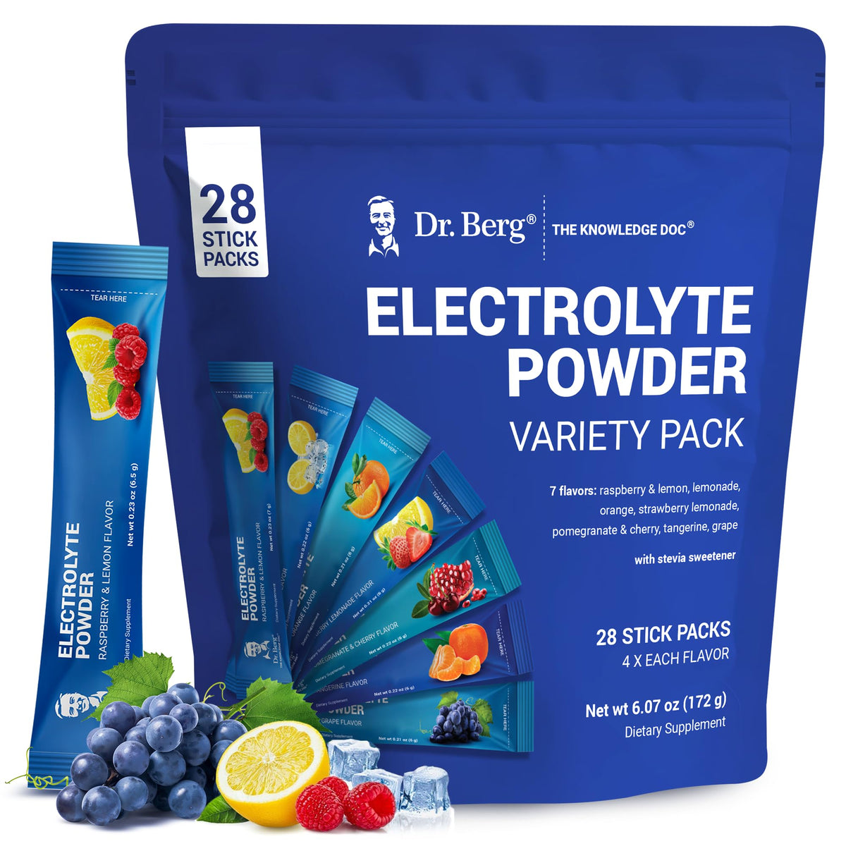 Dr. Berg Sugar-Free Electrolyte Powder Packets Variety Pack box for easy daily hydration.