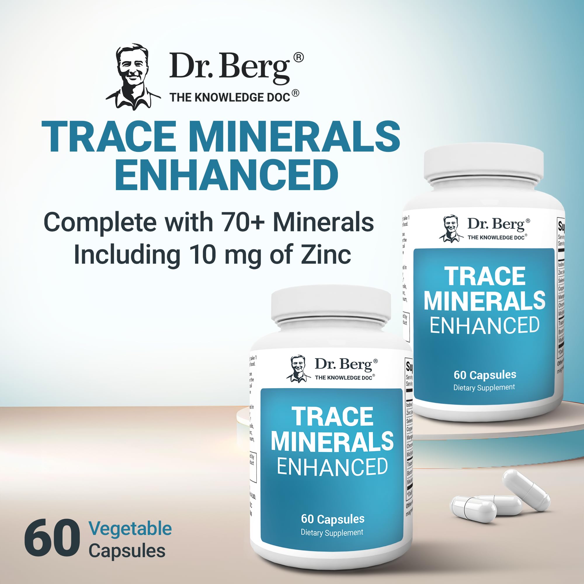 Dr. Berg packaging emphasizes premium ingredients and quality manufacturing.