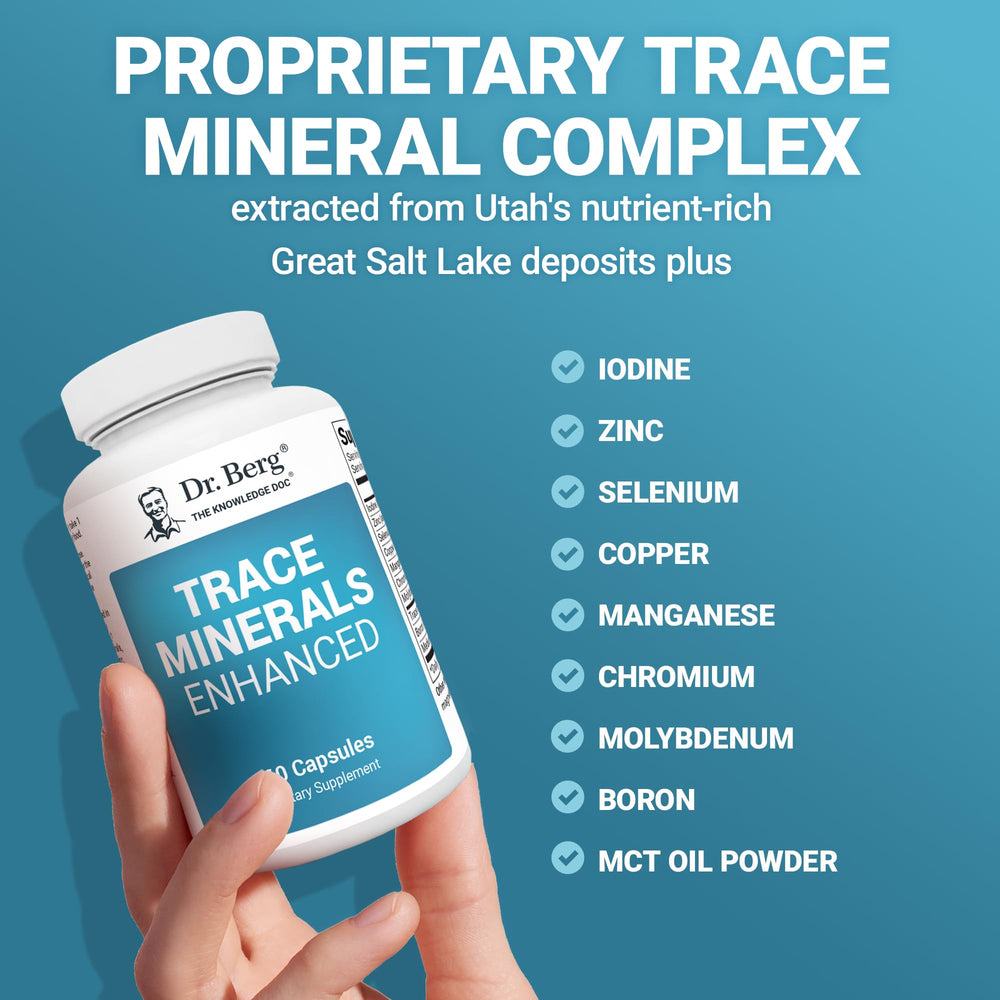 Dr. Berg Trace Minerals Enhanced US GMP certified manufacturing badge signals quality.