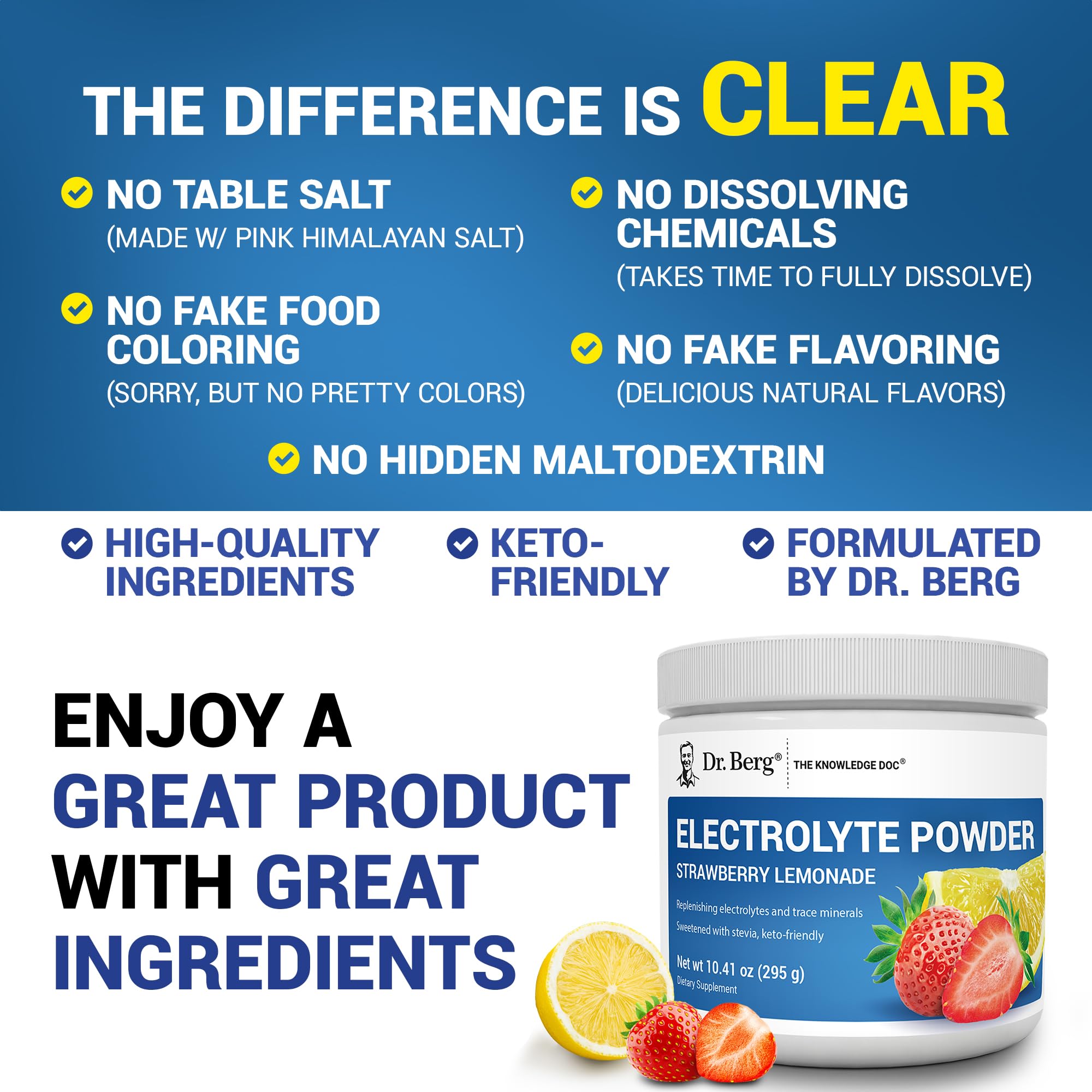 Dr. Berg Keto-friendly hydration mix shown on label for sugar-free electrolytes.