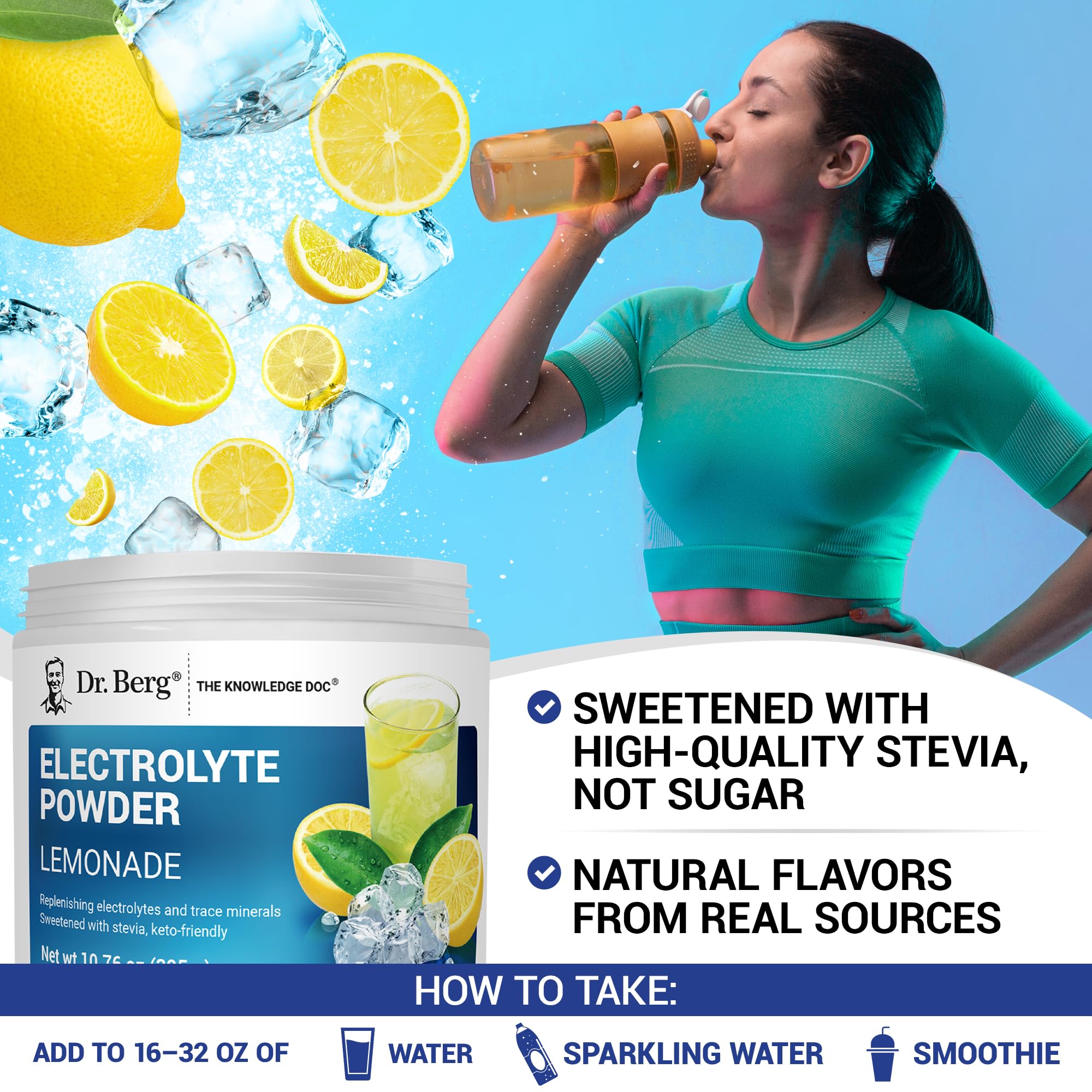 Dr. Berg Nutritionals Zero Sugar Hydration Lemonade ingredients list emphasizing minerals for hydration.