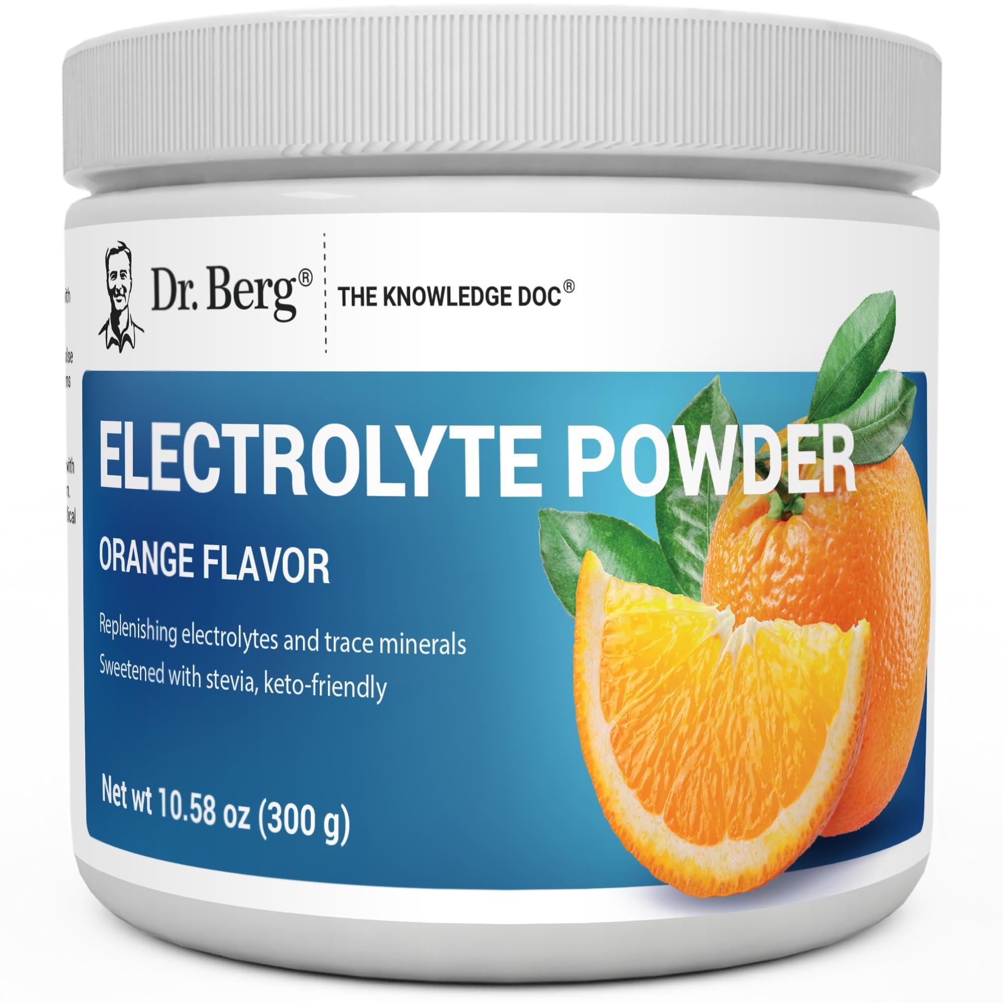 Dr. Berg Zero Sugar Hydration orange powder bottle supports on-the-go hydration during workouts.