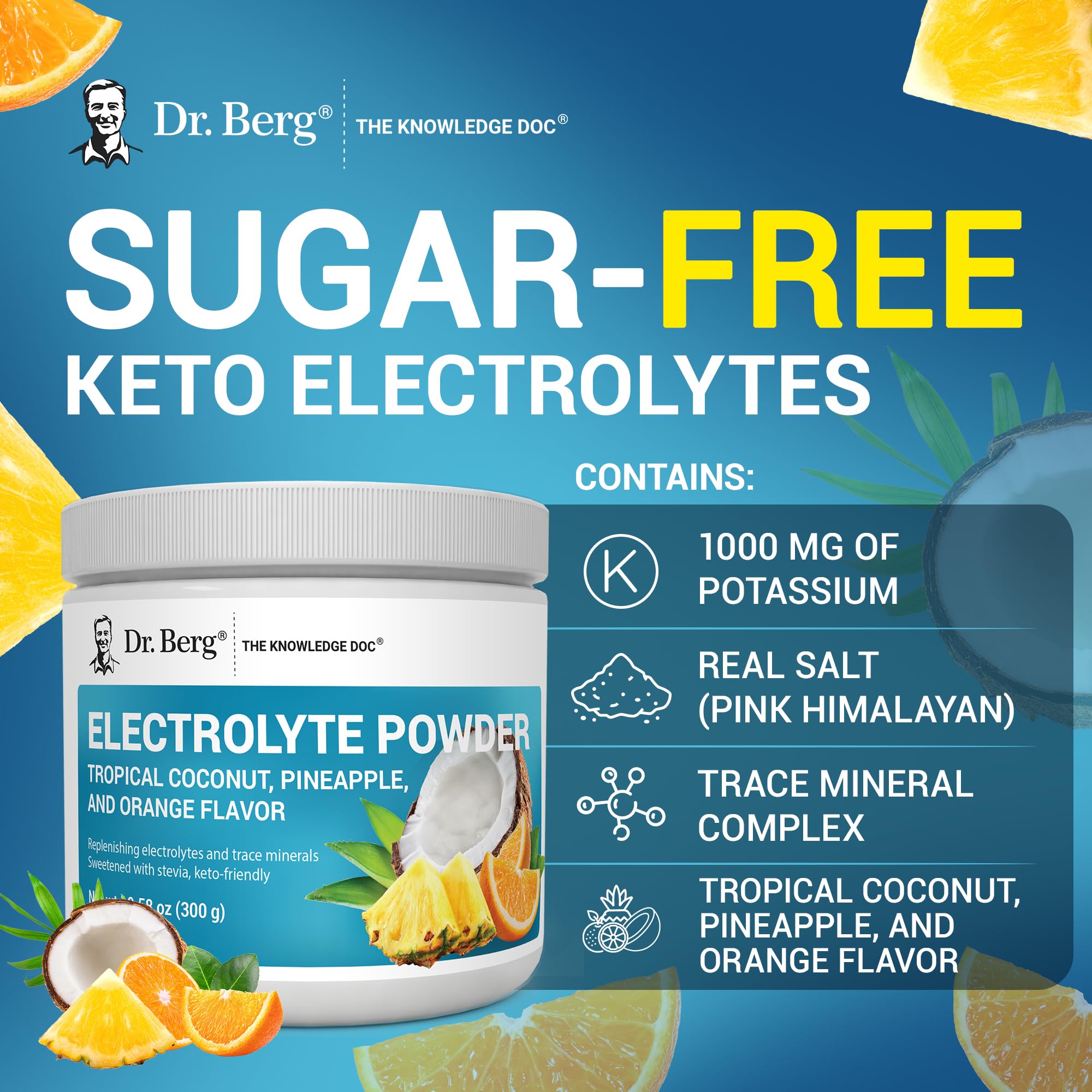 Dr. Berg Zero Sugar Hydration packaging with serving guidance on countertop