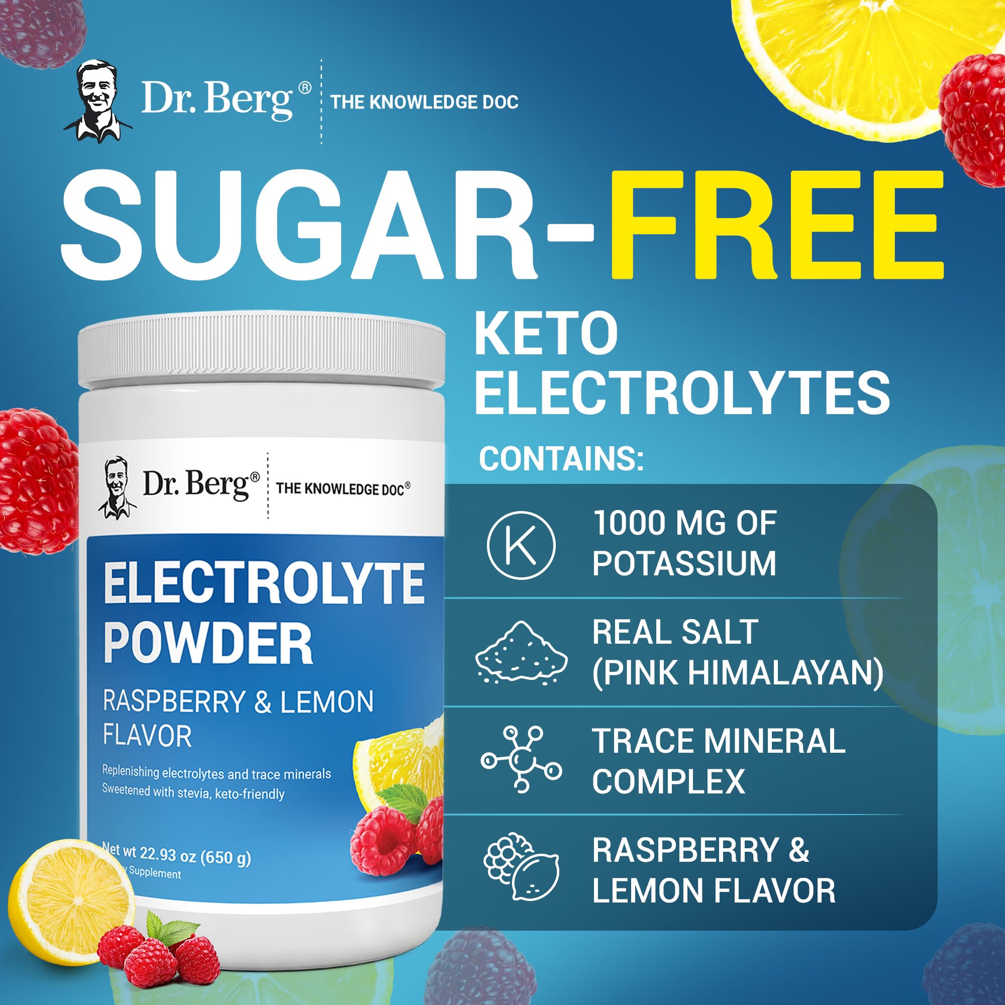 Dr. Berg ingredient label close-up shows premium electrolyte blend