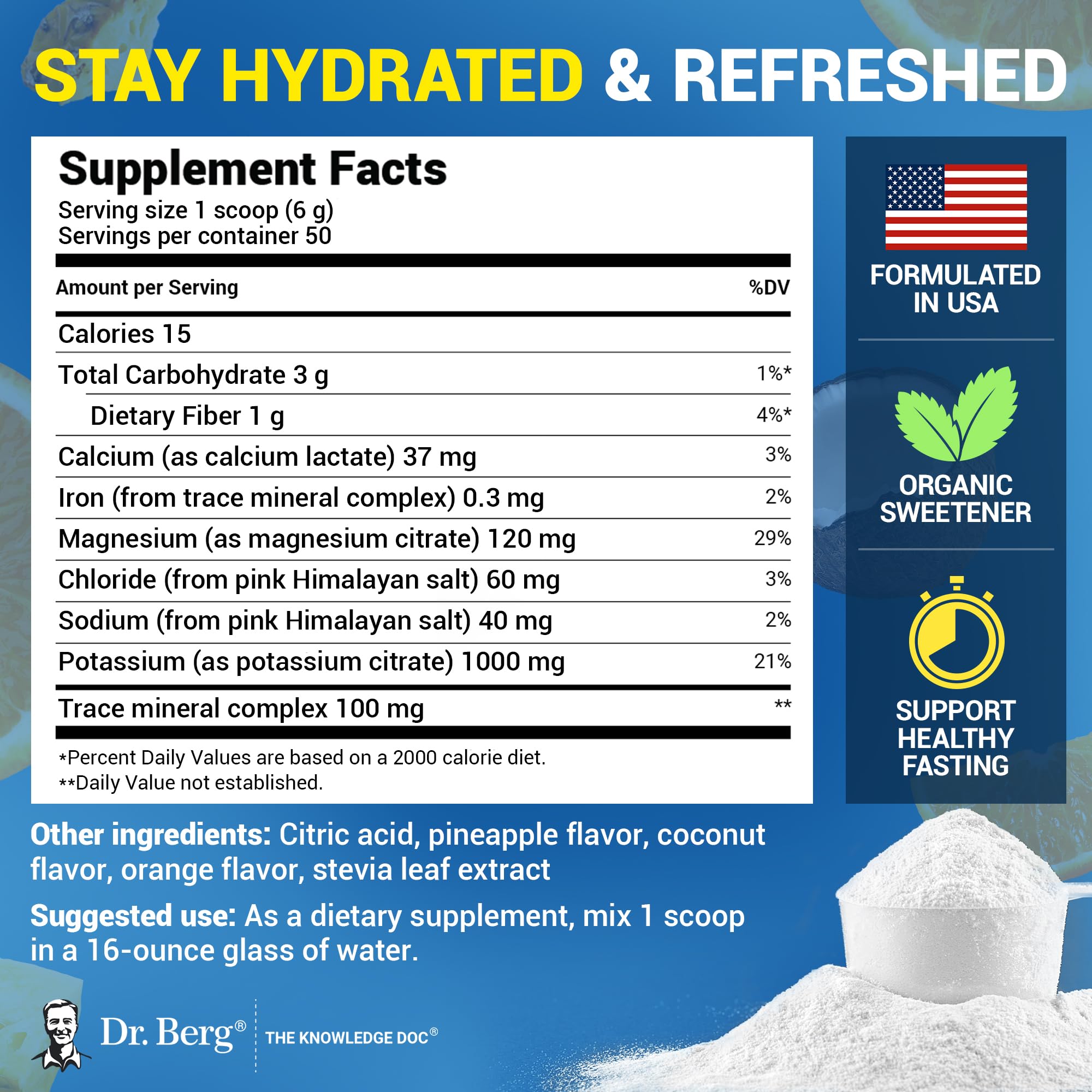 Scoop of Dr. Berg Zero Sugar Hydration ready to mix in water