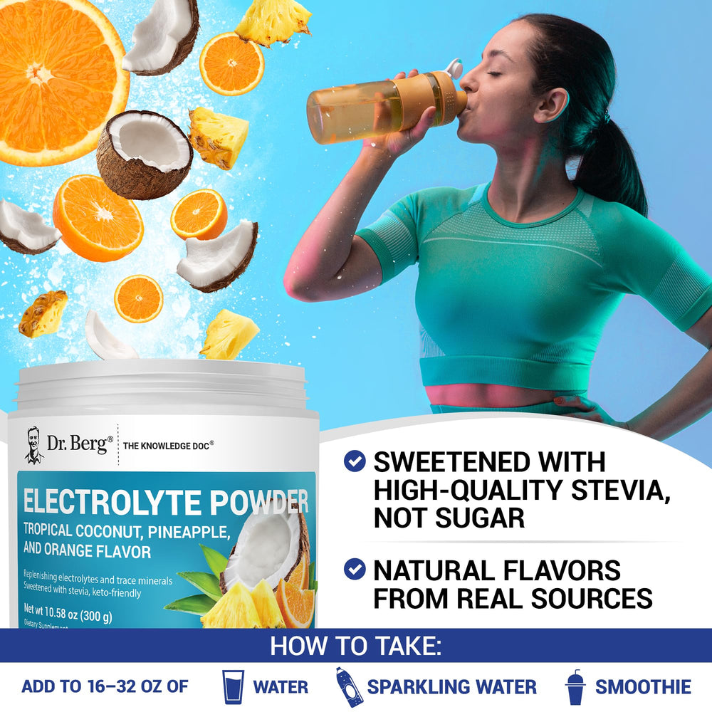 Stirring Dr. Berg Zero Sugar Hydration powder into 16 oz water for hydration