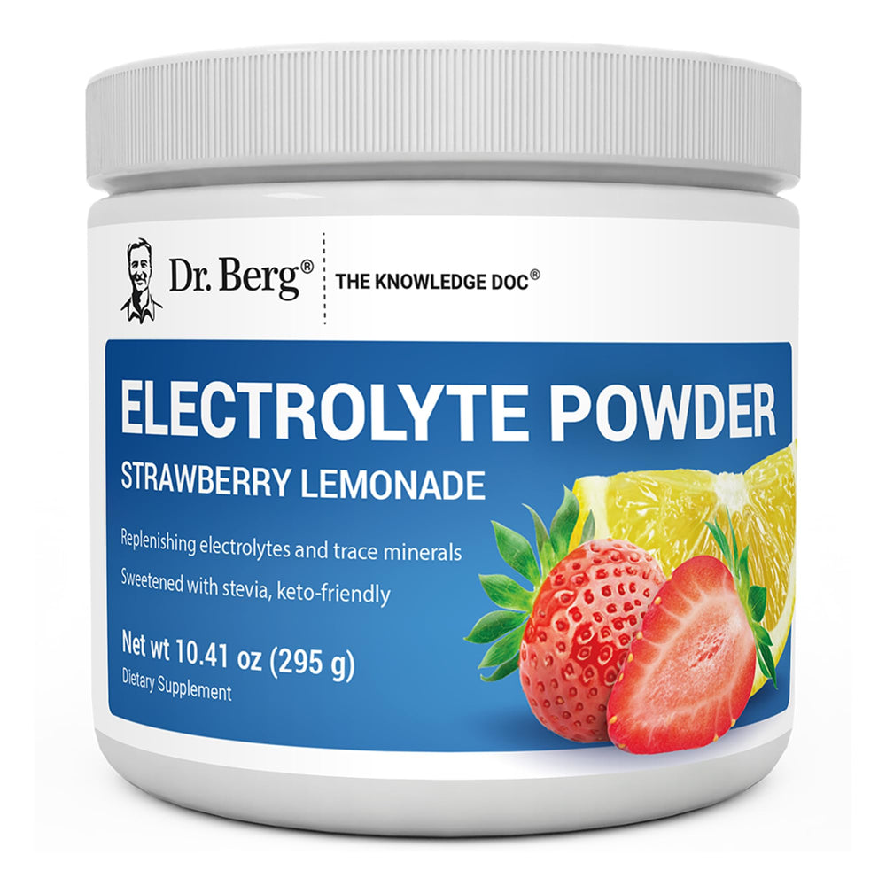 Dr. Berg Zero Sugar Hydration container in strawberry lemonade flavor for keto-friendly hydration.