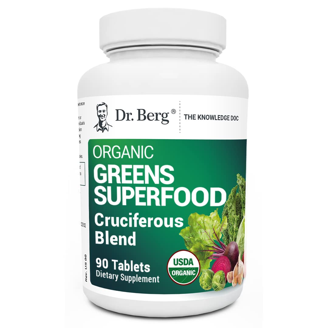 Dr. Berg's Greens bottle front shows an organic cruciferous blend for daily energy.