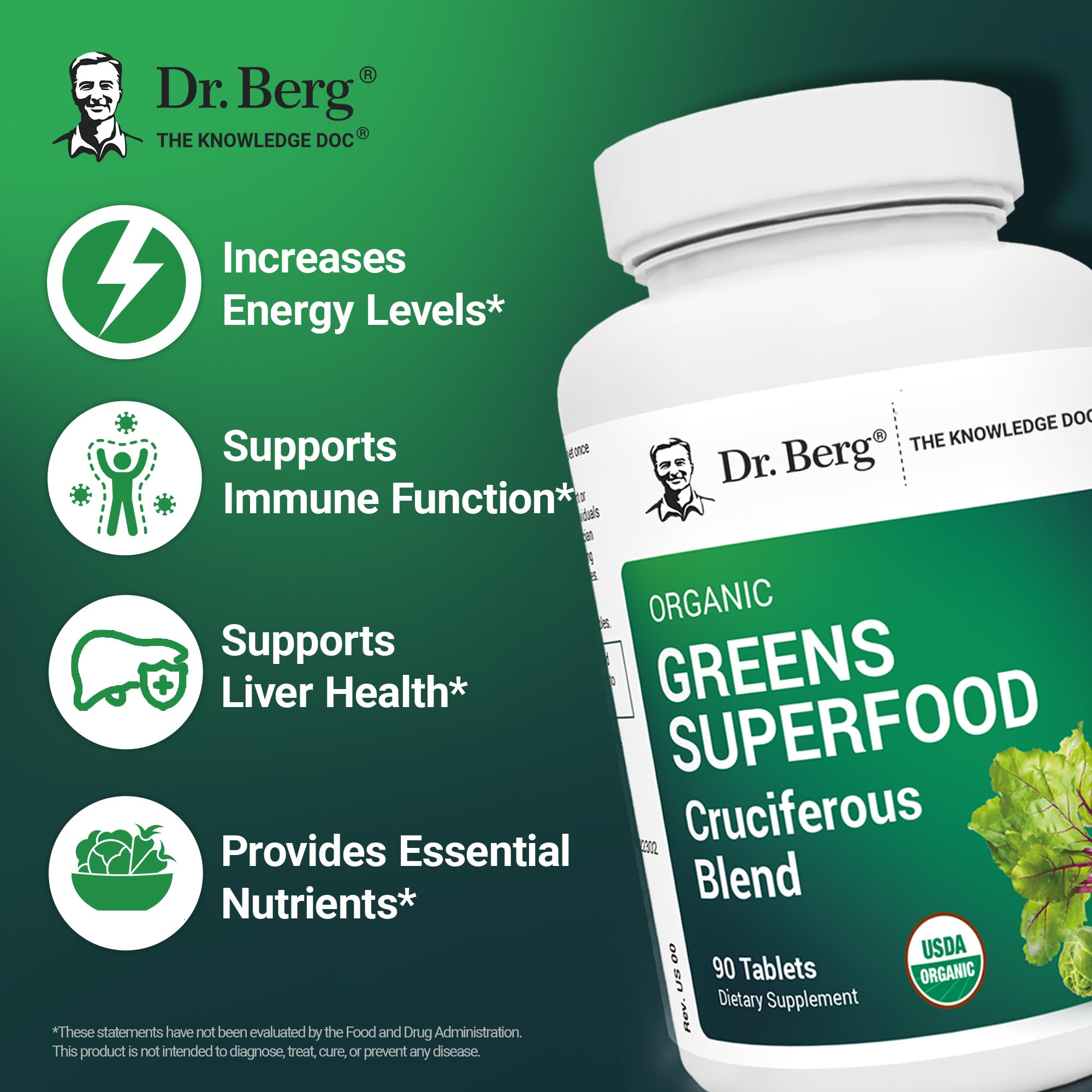 Organic label on Dr. Berg's Greens signals certified natural ingredients.