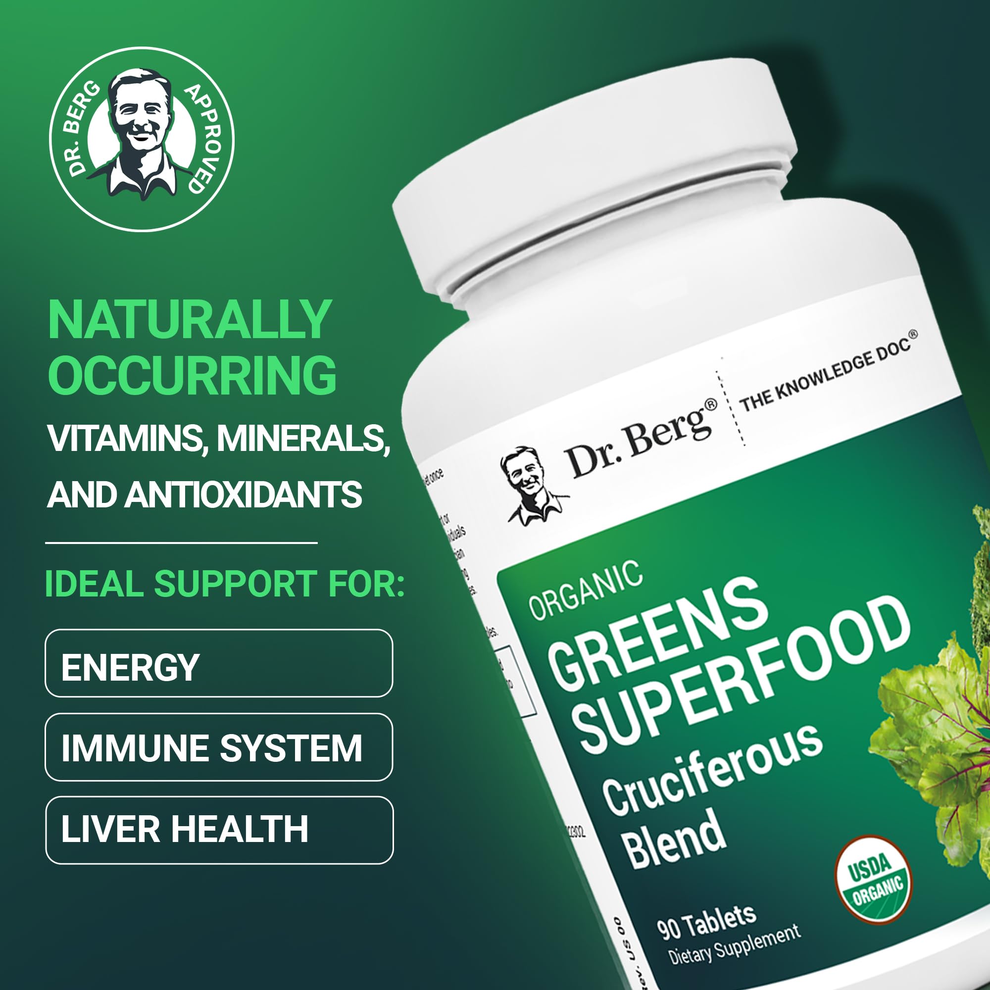 Close-up of Dr. Berg's Greens tablets highlights easy-to-swallow form.