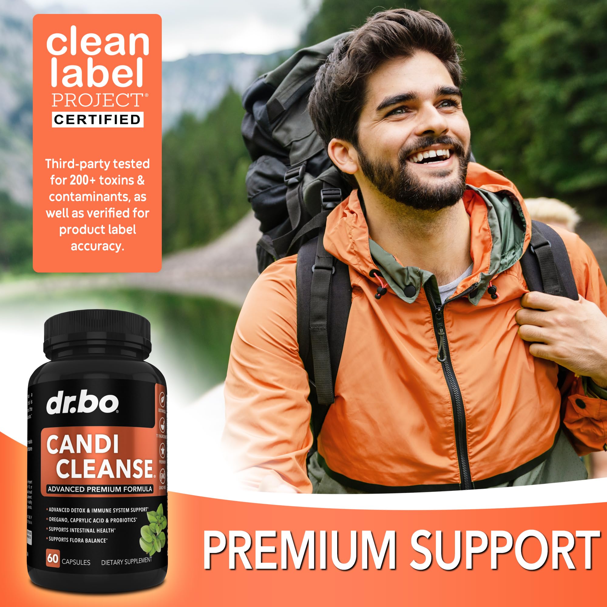 DR. BO Candi Cleanse probiotic capsule highlighting lactospore for flora balance