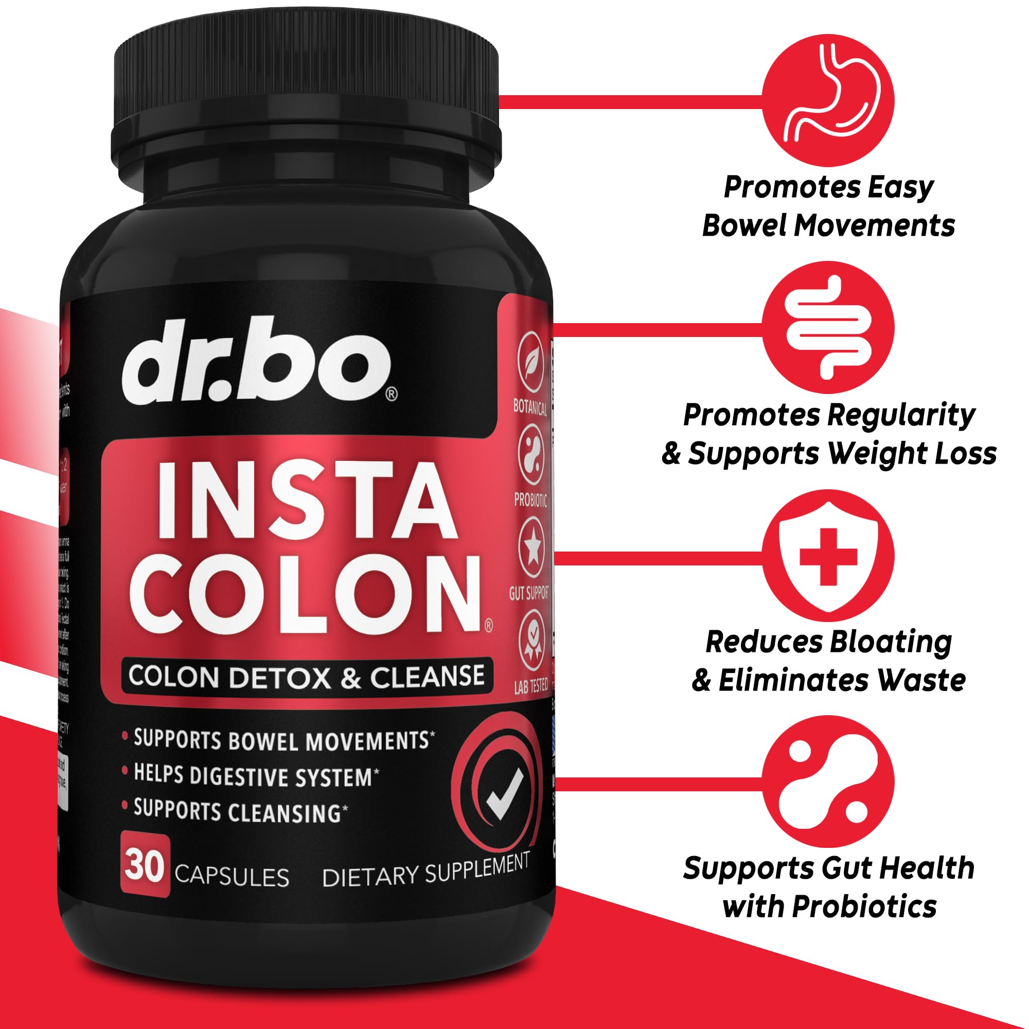DR. BO colon cleanser capsules close-up highlighting herbal blend for gut health.
