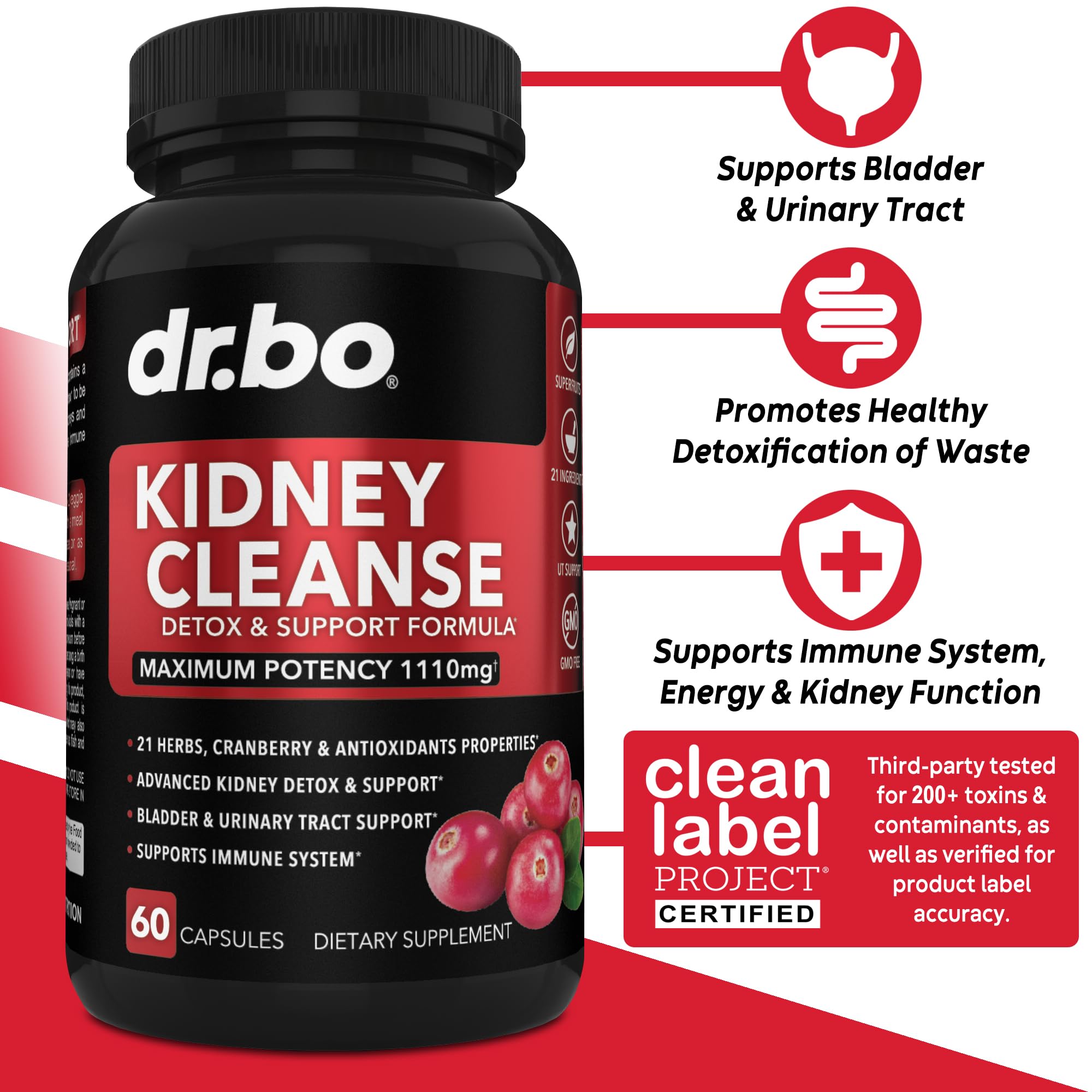 DR. BO Kidney Cleanse bottle pour shot highlighting convenient daily capsules.