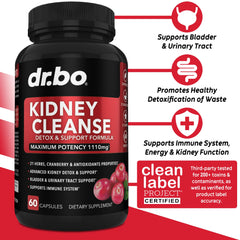 DR. BO Kidney Cleanse bottle pour shot highlighting convenient daily capsules.