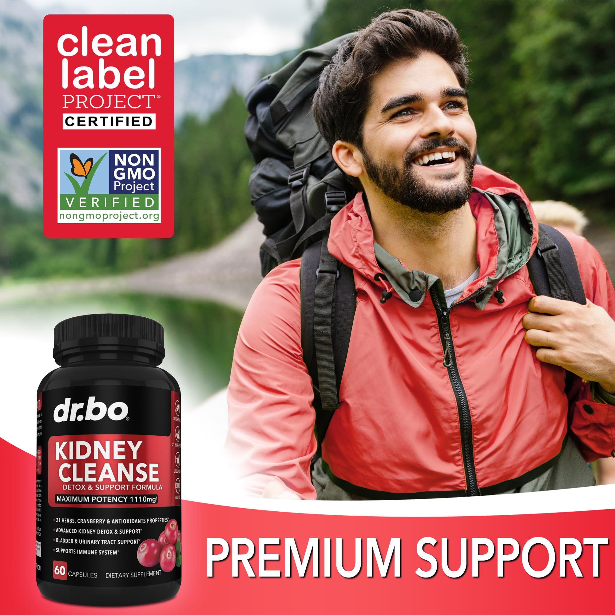 DR. BO Kidney Cleanse cranberry feature emphasizing urinary tract support.