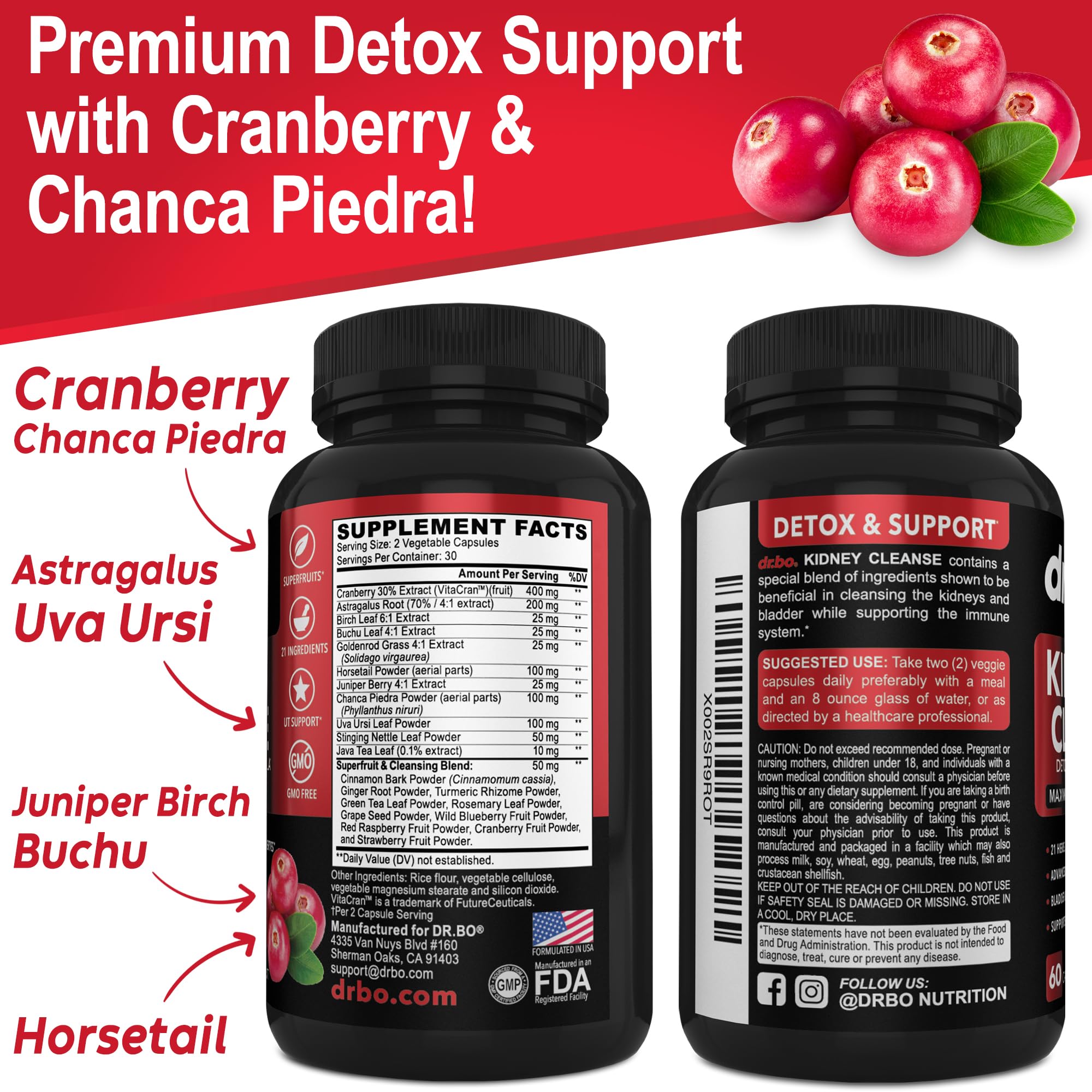 DR. BO Kidney Cleanse label close-up displaying ingredients list.