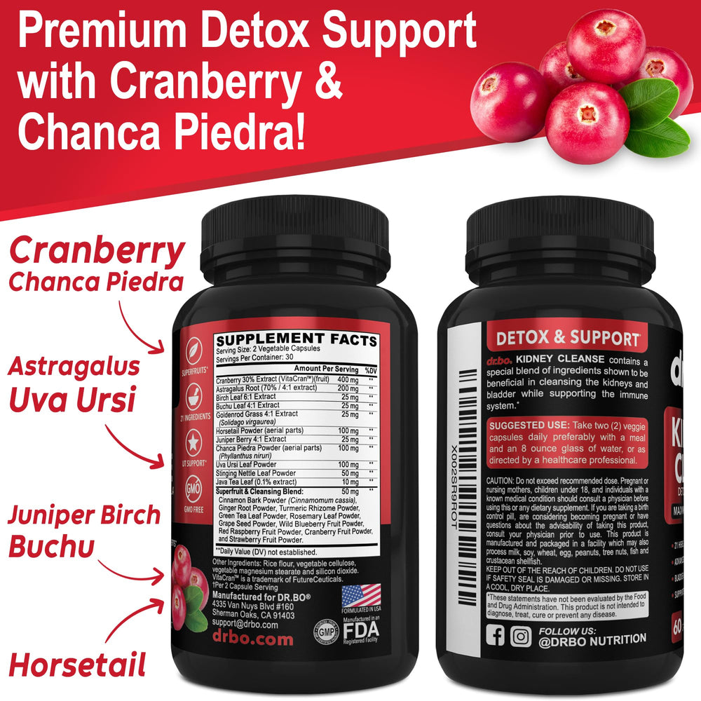 DR. BO Kidney Cleanse label close-up displaying ingredients list.