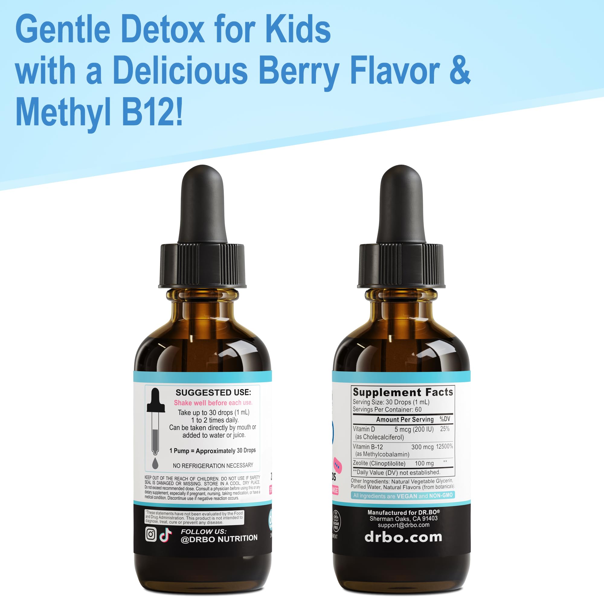 DR. BO Lingo Zeolite Drops product close-up on label detailing zeolite and methyl B12