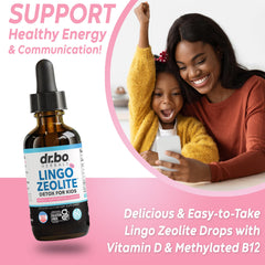 DR. BO Lingo Zeolite Drops packaging display emphasizing clean ingredients