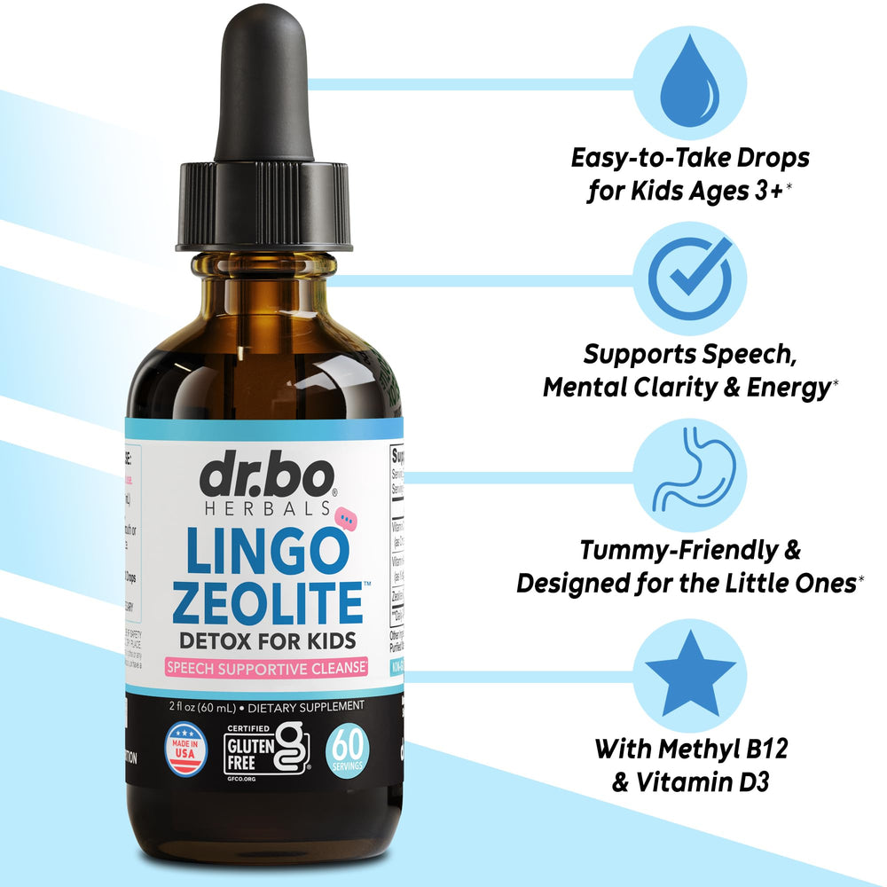 DR. BO Lingo Zeolite Drops pour scene highlighting easy dosing and kid appeal