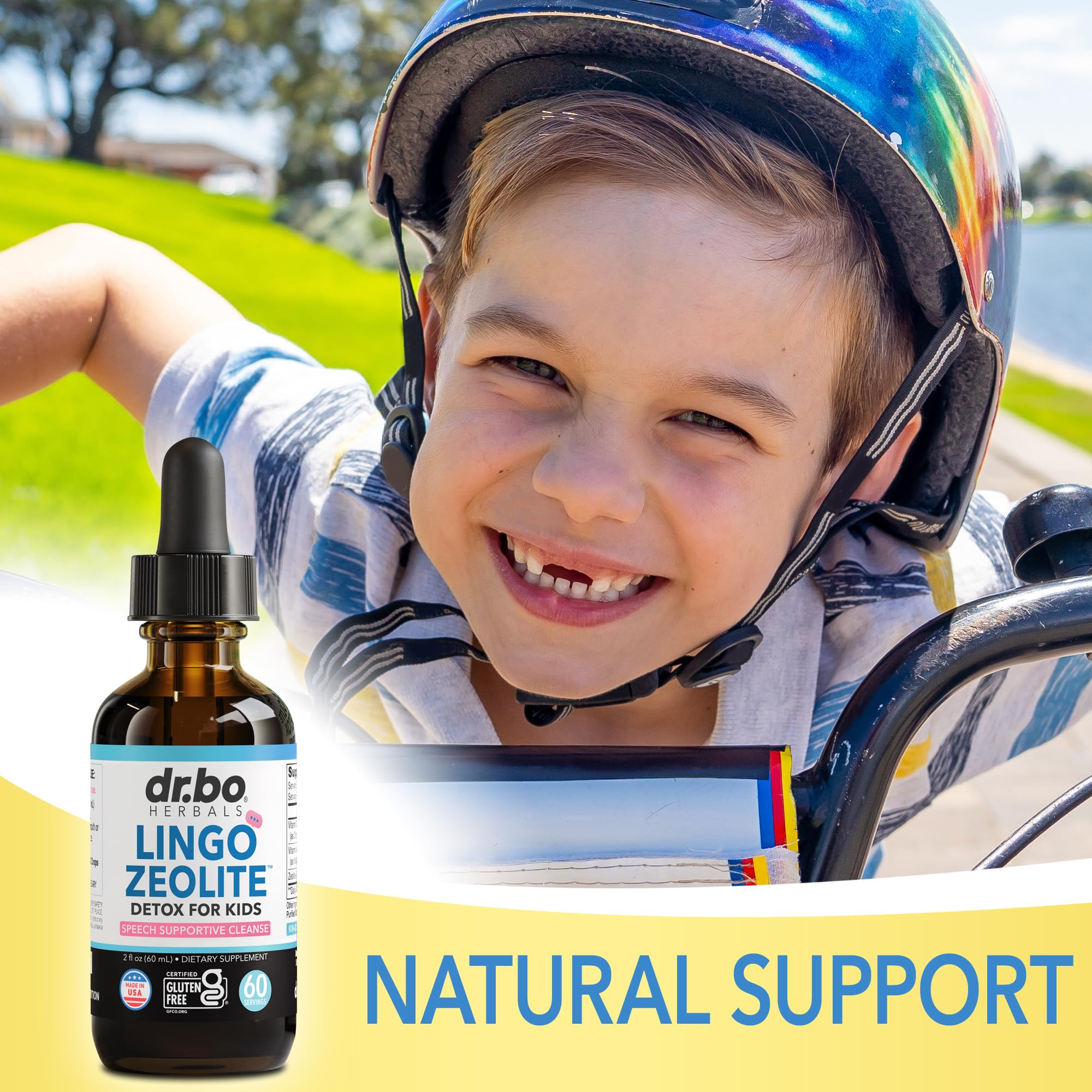 DR. BO Lingo Zeolite Drops showing vitamins B12 and D3 components for balance
