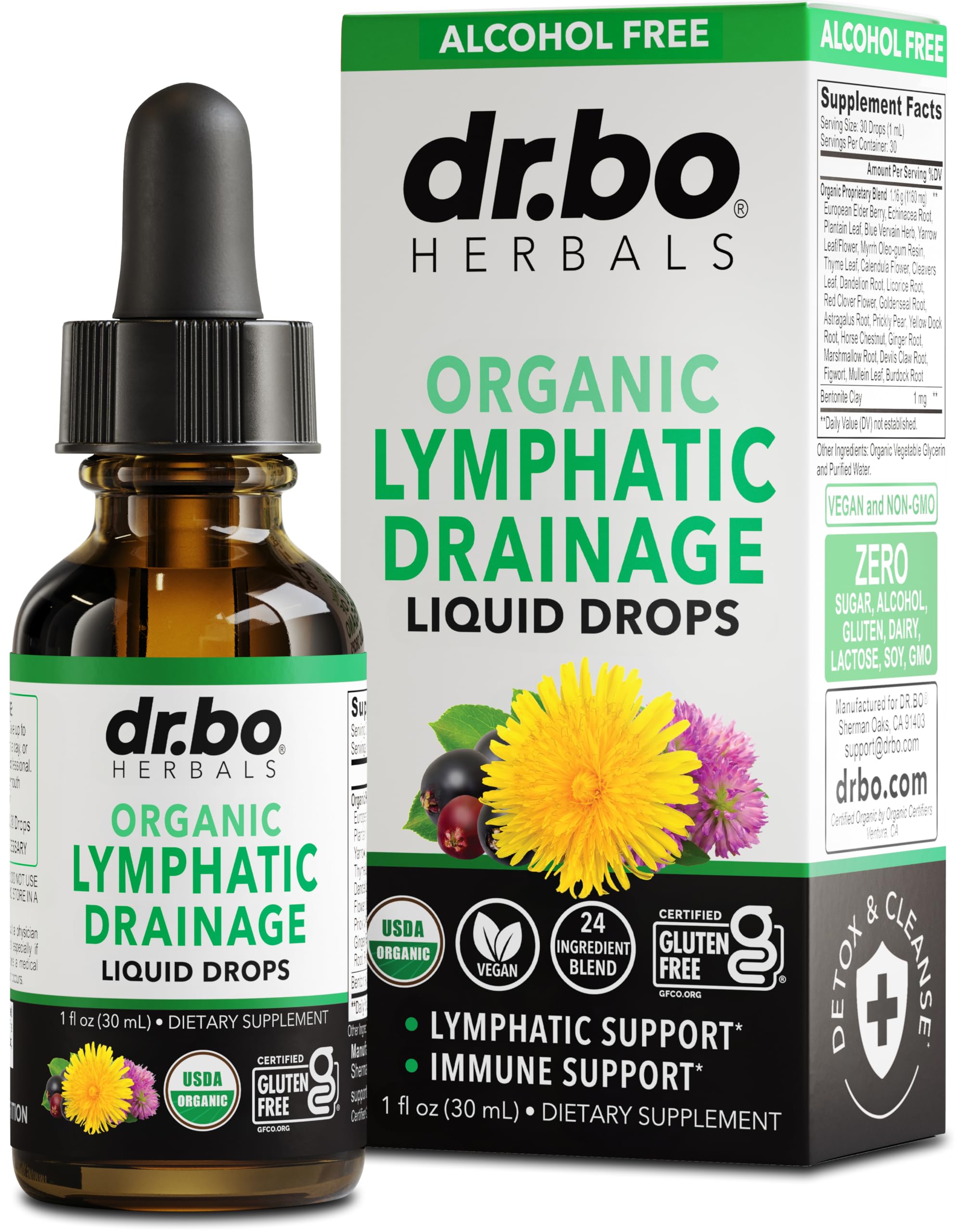 DR. BO Lymphatic Drainage Drops bottle shown for easy daily lymph support.