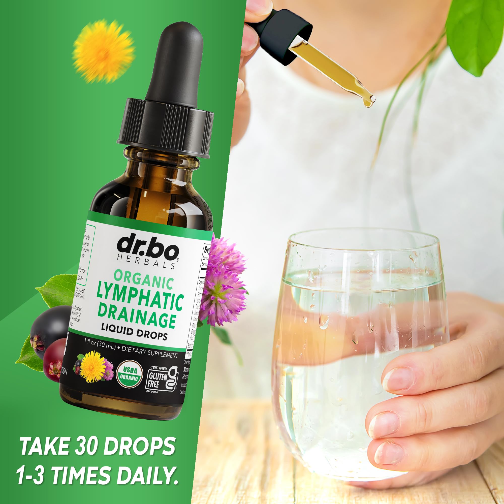 DR. BO drops pictured for daily lymphatic cleanse routine.