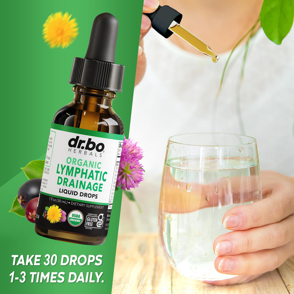 DR. BO drops pictured for daily lymphatic cleanse routine.