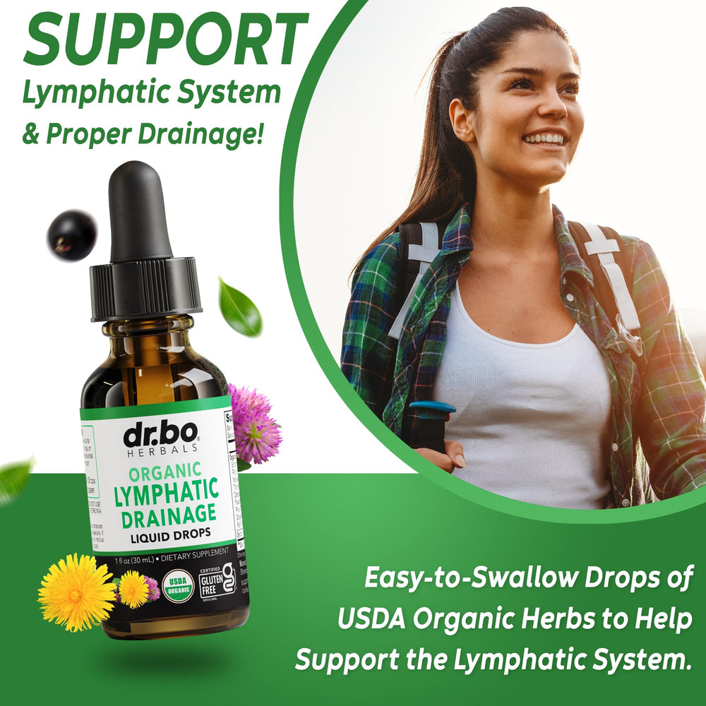Close-up of the label on DR. BO drops highlights organic herbal blend.