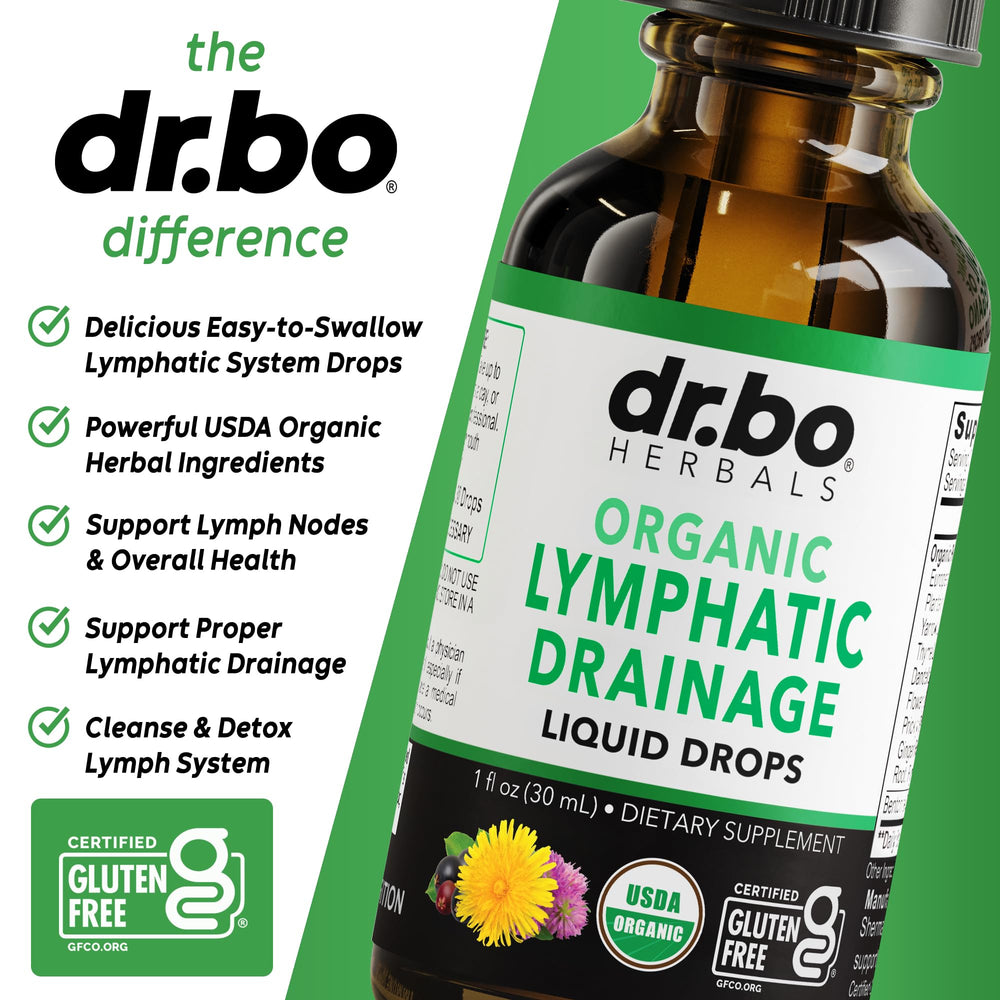 Organic seal on DR. BO drops emphasizes non-GMO, organic ingredients.
