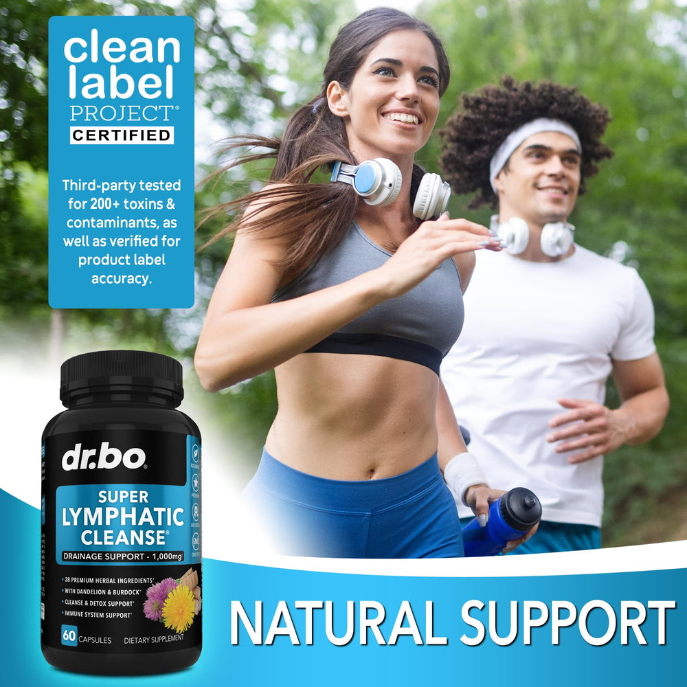 DR. BO Lymphatic Drainage Pills ingredient list shows a 28-herb formula.