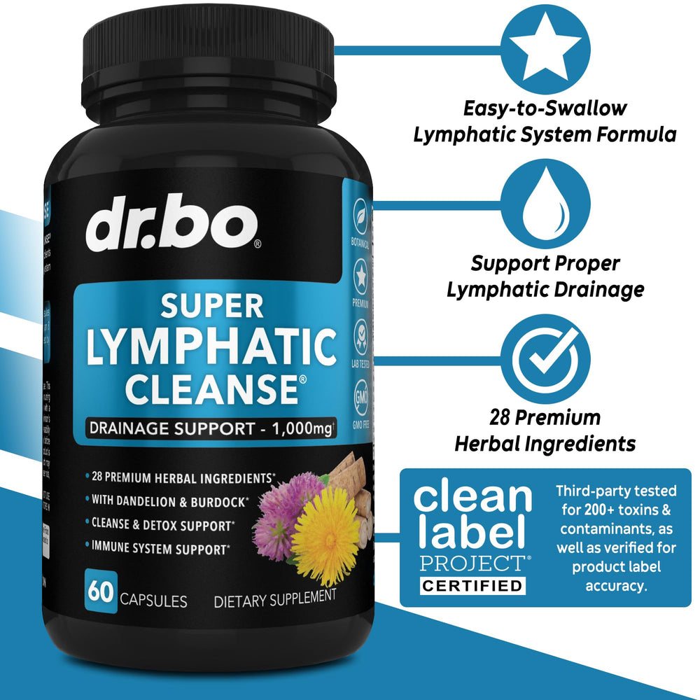 DR. BO Lymphatic Drainage Pills label close-up highlighting the herbal blend.