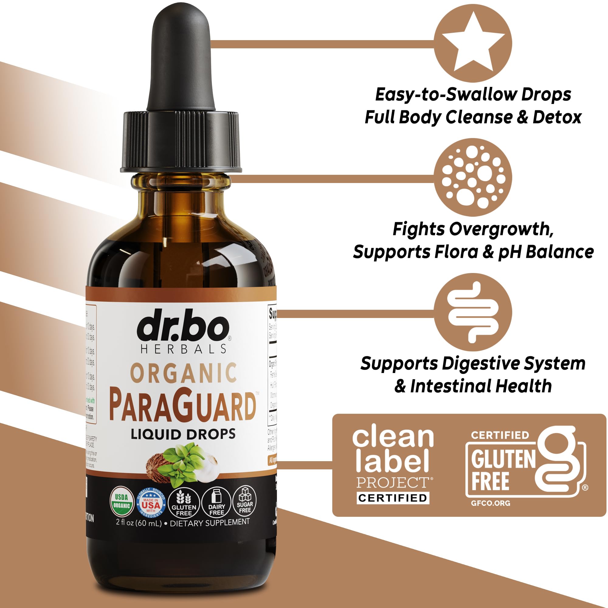 DR. BO ParaGuard bottle being poured for daily gut balance routine.