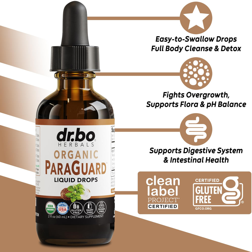 DR. BO ParaGuard bottle being poured for daily gut balance routine.