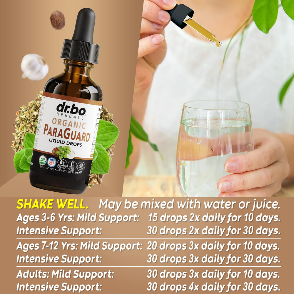 DR. BO ParaGuard drops beside a glass for easy daily use.