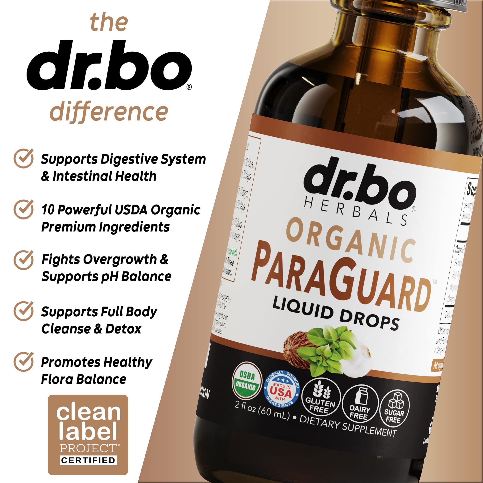 DR. BO ParaGuard herbal ingredients blend showing nine organic botanicals.