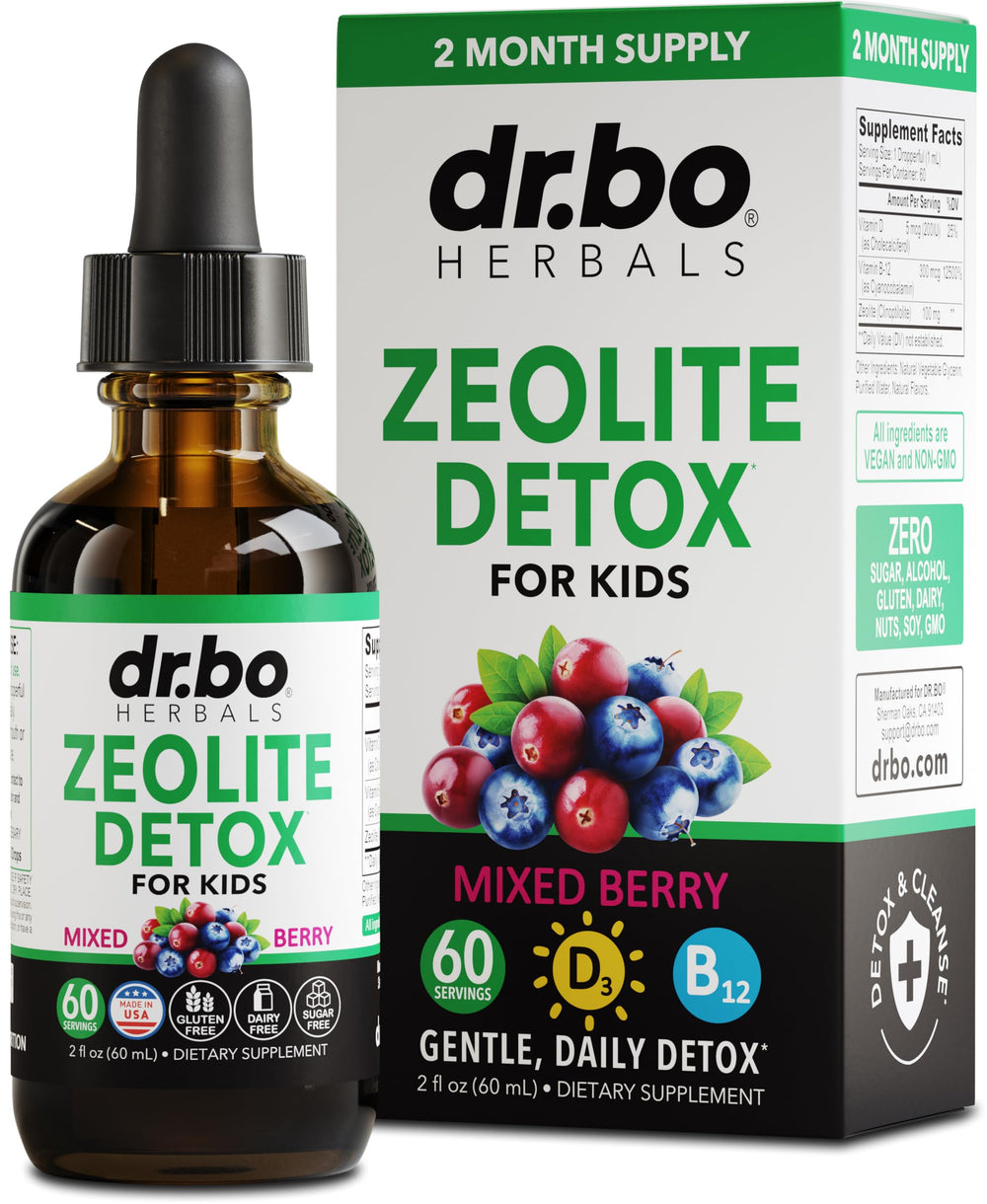 DR. BO Zeolite Kids Drops bottle with berry flavor for daily gentle cleanse