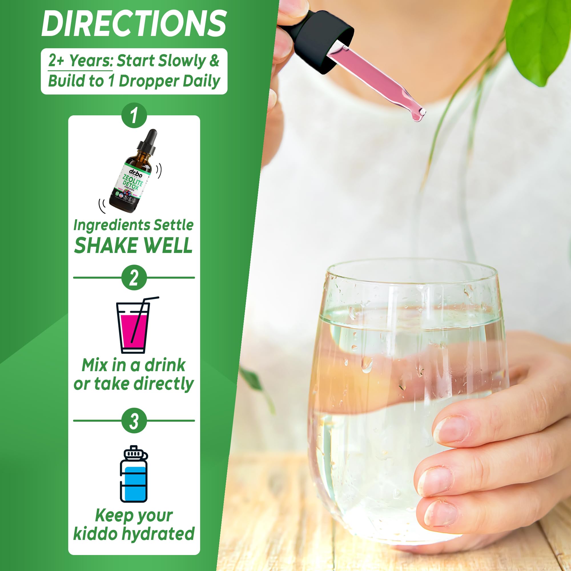 Close-up of DR. BO Zeolite Kids Drops label on bottle