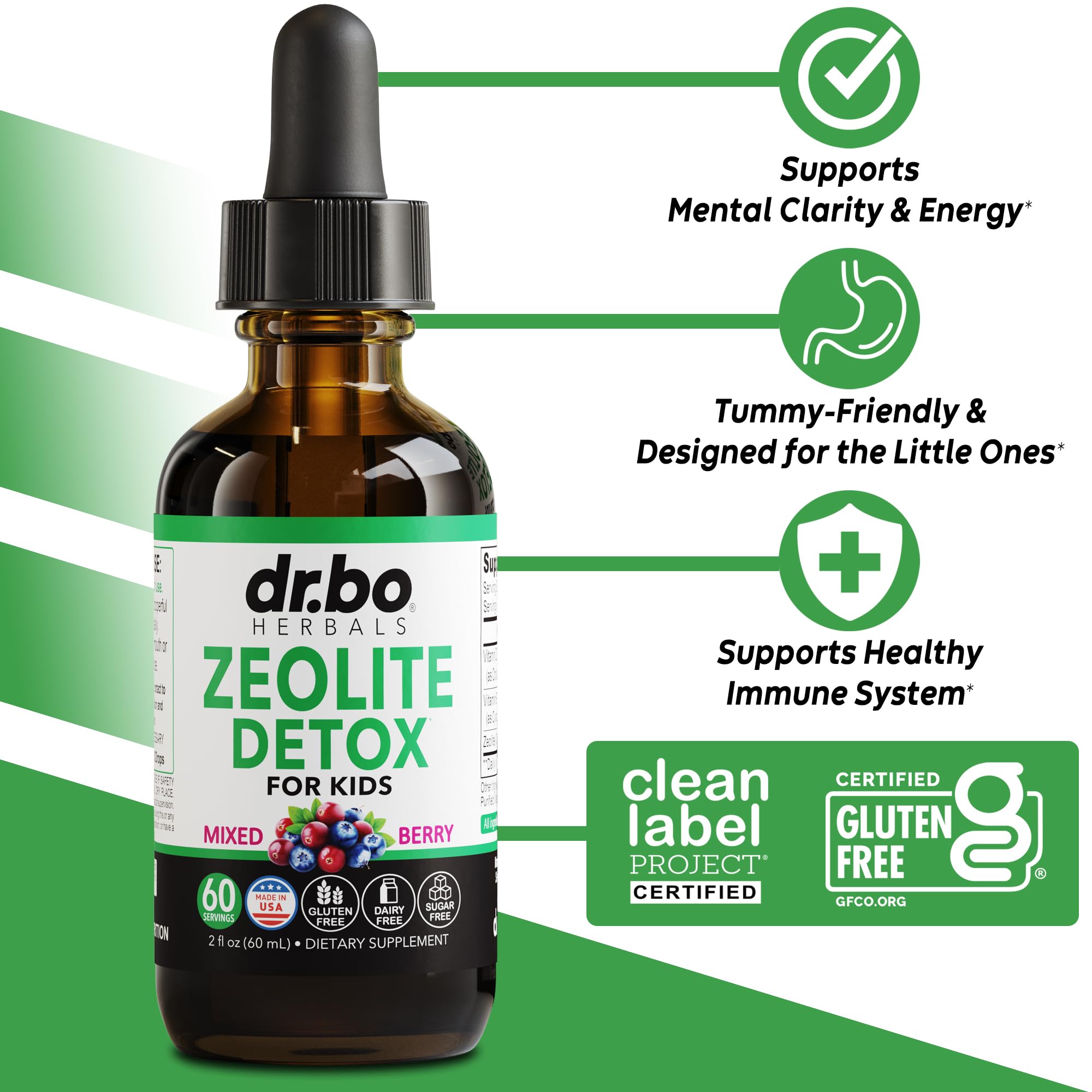 Droppers shown for DR. BO Zeolite Kids Drops easy dosing