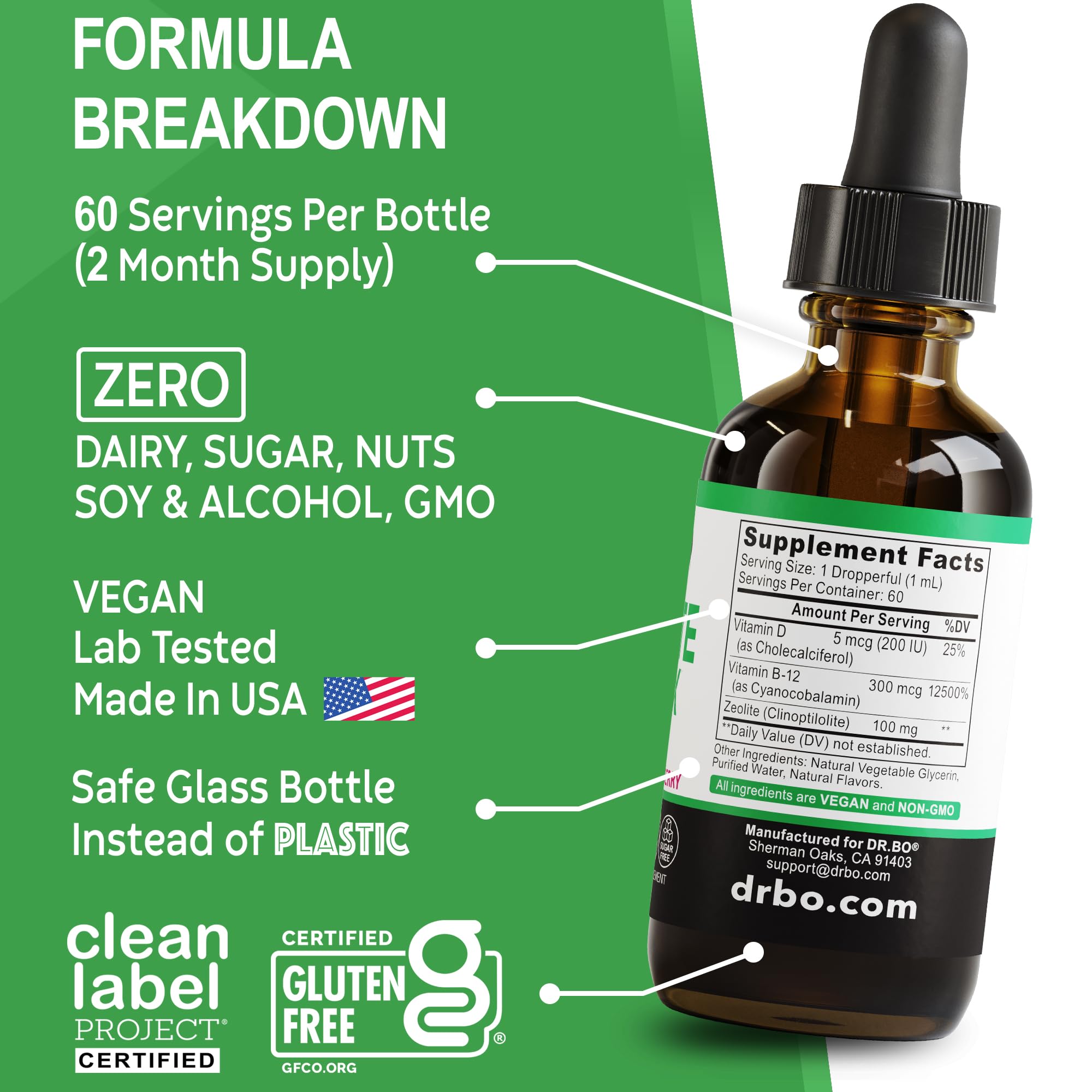 DR. BO Zeolite Kids Drops packaging box beside bottle