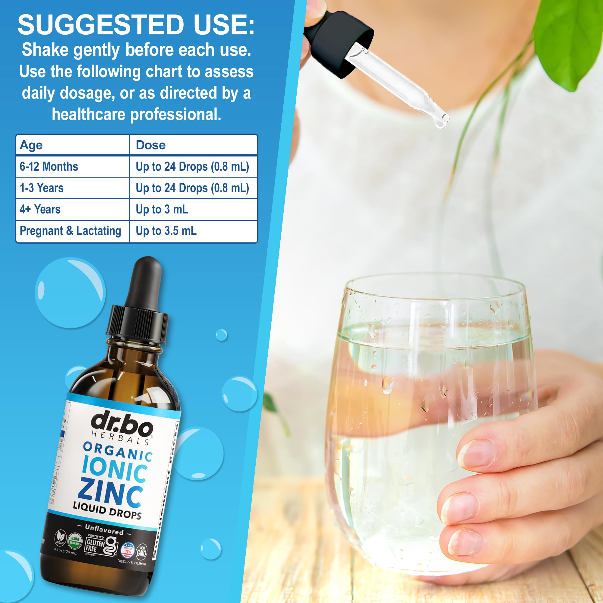 DR. BO Zinc Liquid Drops packaged with non-GMO ingredients
